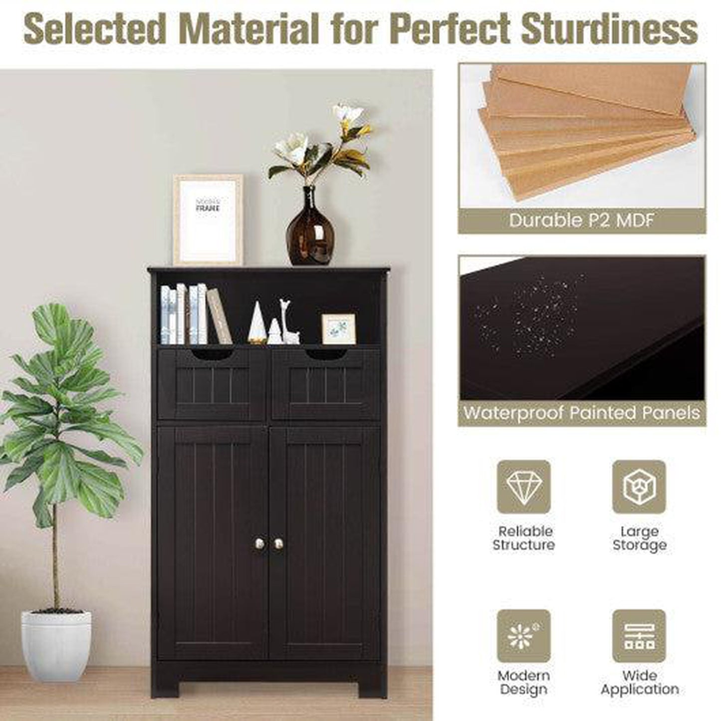 Costway Dark Brown Bathroom Wooden Side Cabinet with 2 Drawers and 2 Doors