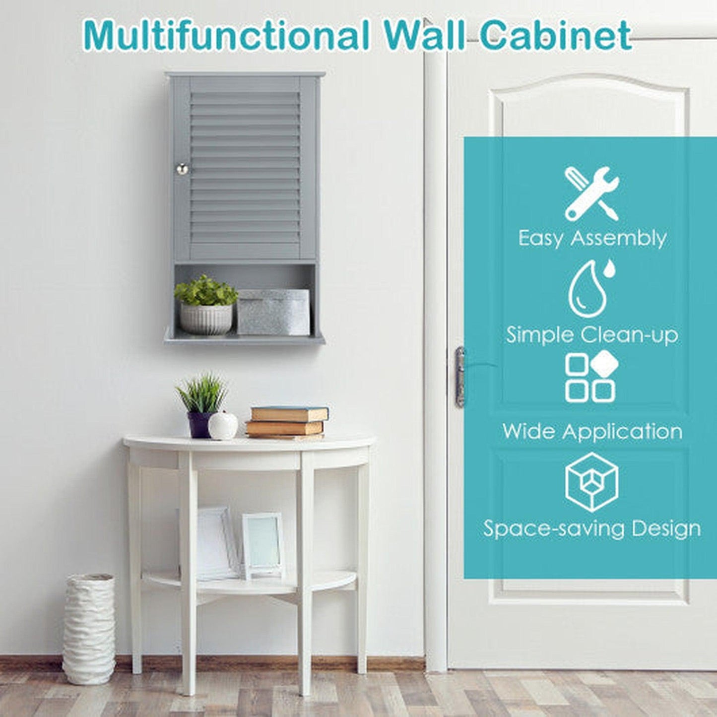 Costway Gray Bathroom Wall Mount Storage Cabinet Single Door with Height Adjustable Shelf