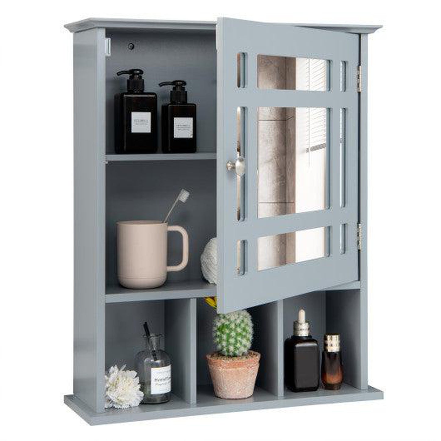 Costway Gray Wall Mounted and Mirrored Bathroom Cabinet