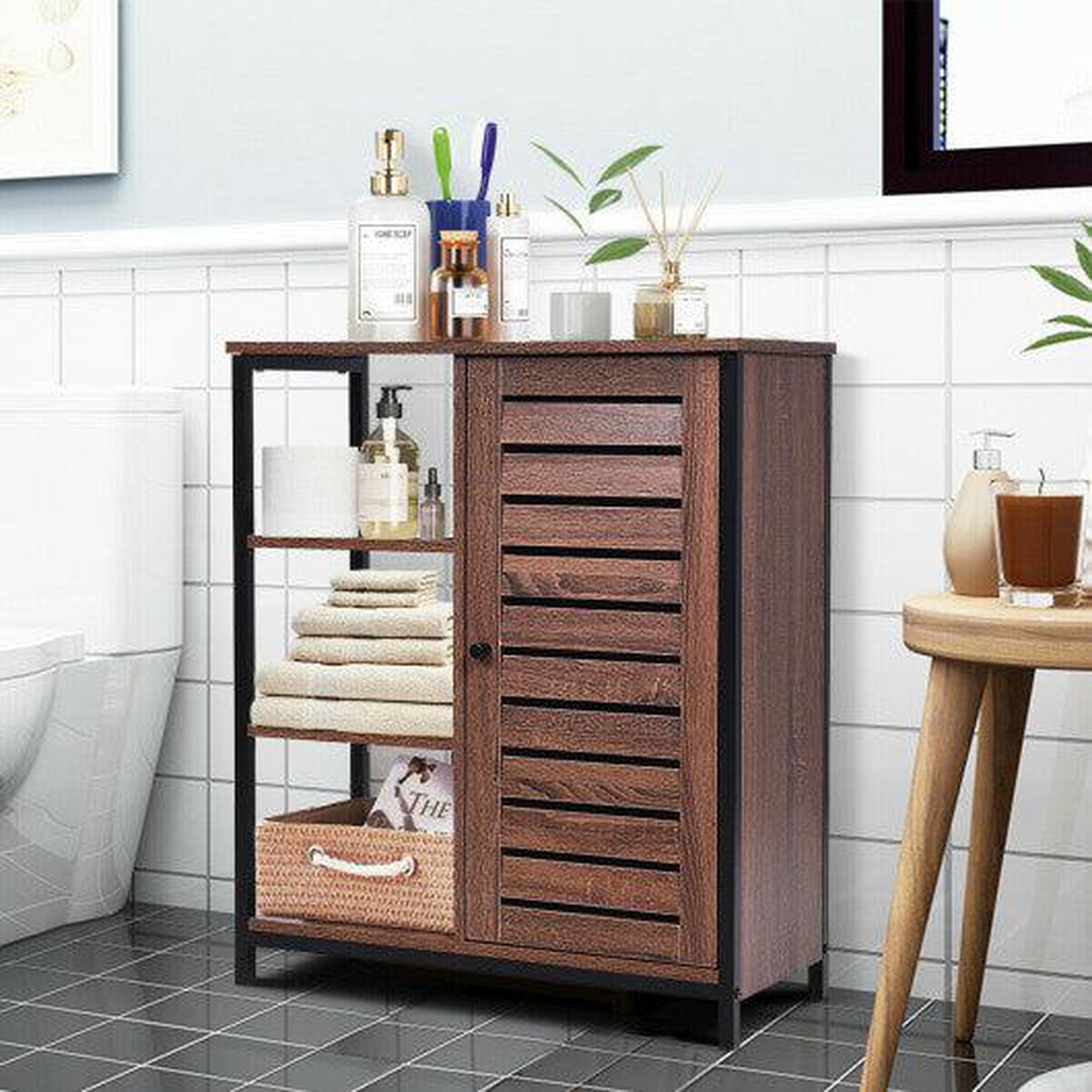Costway Industrial Bathroom Storage Free Standing Cabinet with 3 Shelv ...