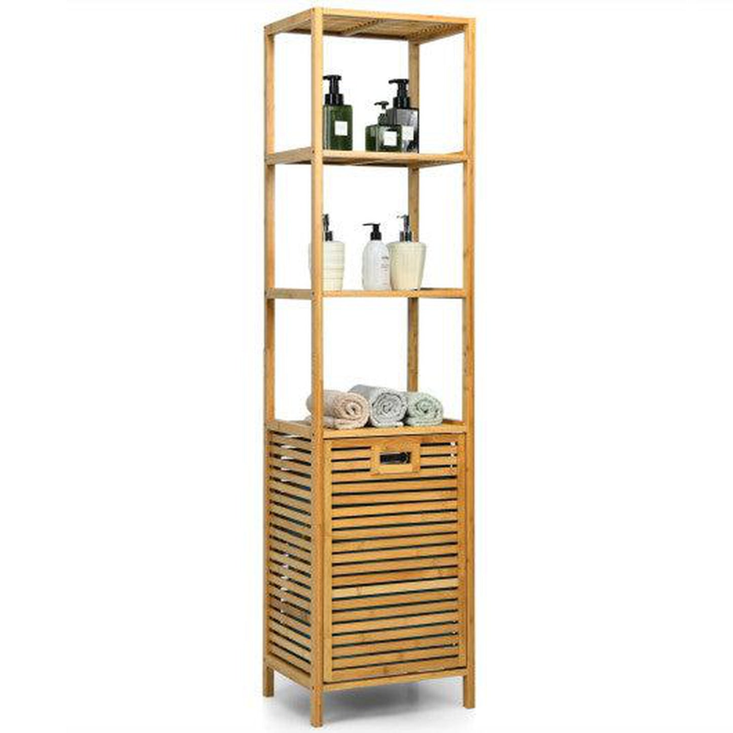 Costway Natural Bamboo Tower Hamper Organizer with 3-Tier Storage Shelves