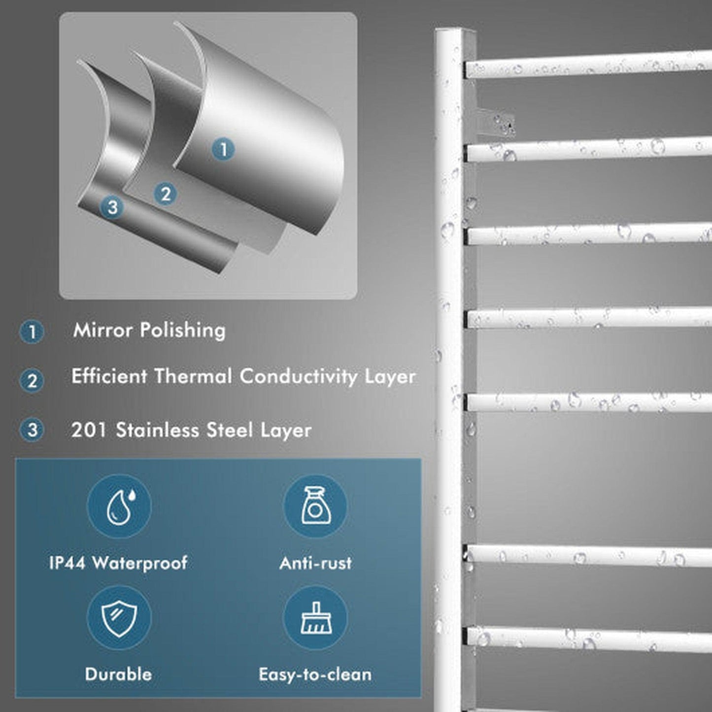 Costway Silver 10 Bar Towel Warmer Wall Mounted Electric Heated Towel Rack with Built-in Timer