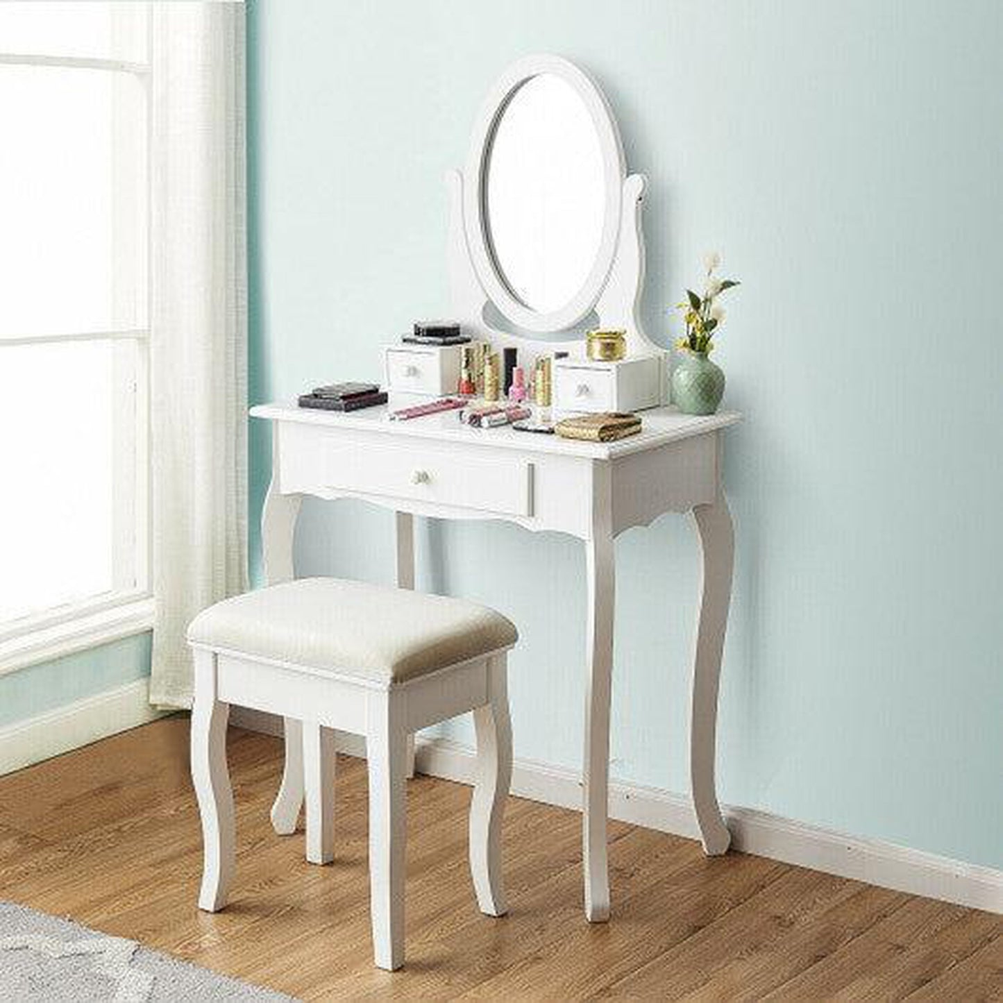 Costway White Simple Vanity Makeup Table with 3 Drawers and Cushioned Bench