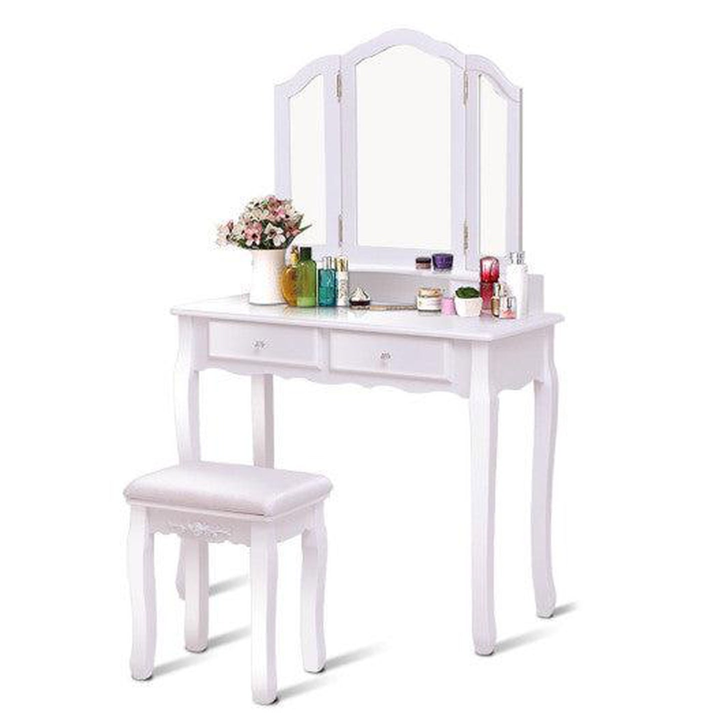 Costway White Tri Folding Mirror Vanity Table Stool Set with 4 Drawers and Cushioned Stool