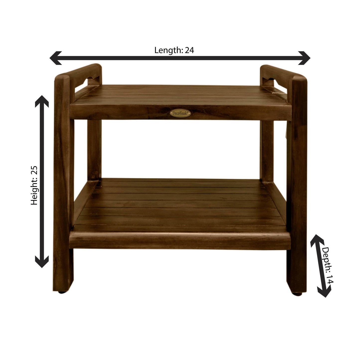 DecoTeak Eleganto 24" Woodland Brown Solid Teak Wood Tall Shower Bench With LiftAide Arms and Shelf
