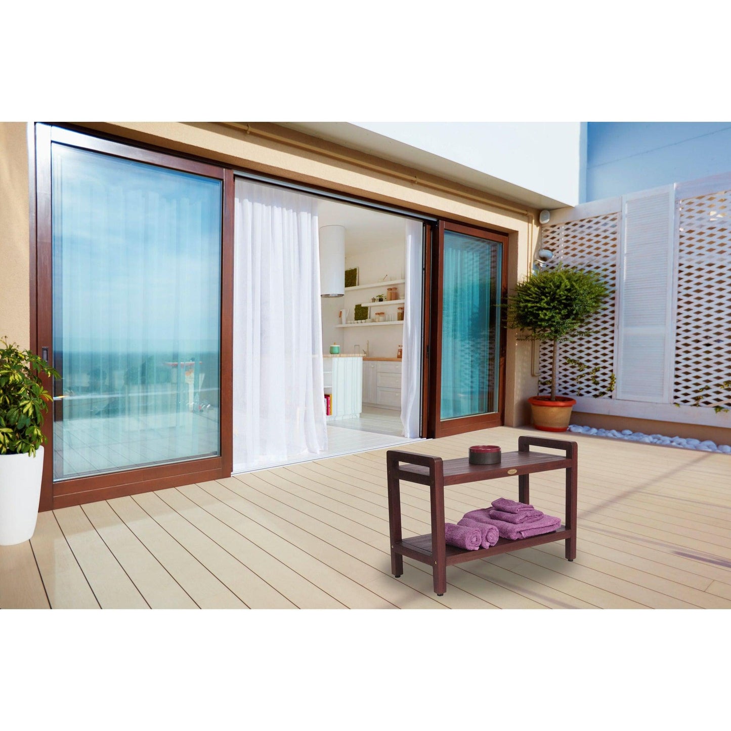 DecoTeak Eleganto 29" Woodland Brown Solid Teak Wood Shower Bench With LiftAide Arms and Shelf