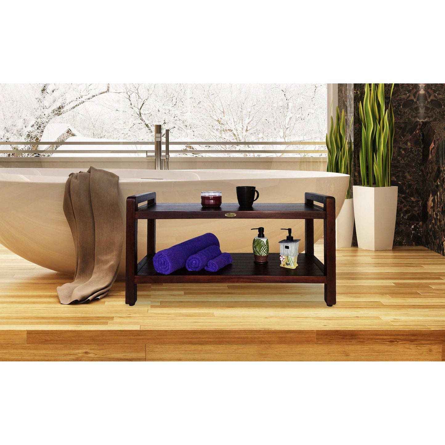 DecoTeak Eleganto 35" Woodland Brown Solid Teak Wood Shower Bench With LiftAide Arms and Shelf