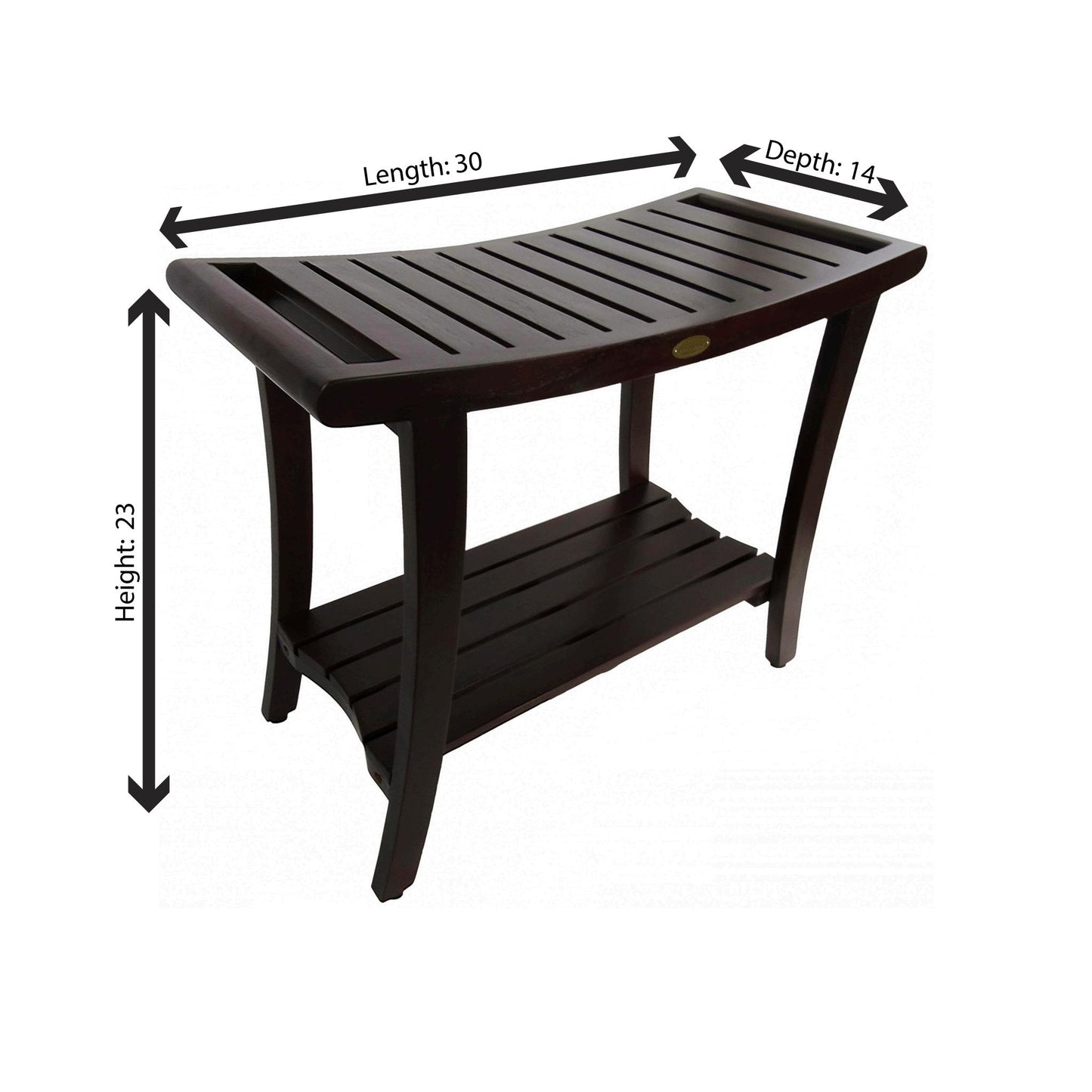 DecoTeak Harmony 30" W x 23" H Woodland Brown Solid Teak Wood Shower Bench With Shelf and LiftAide Arms