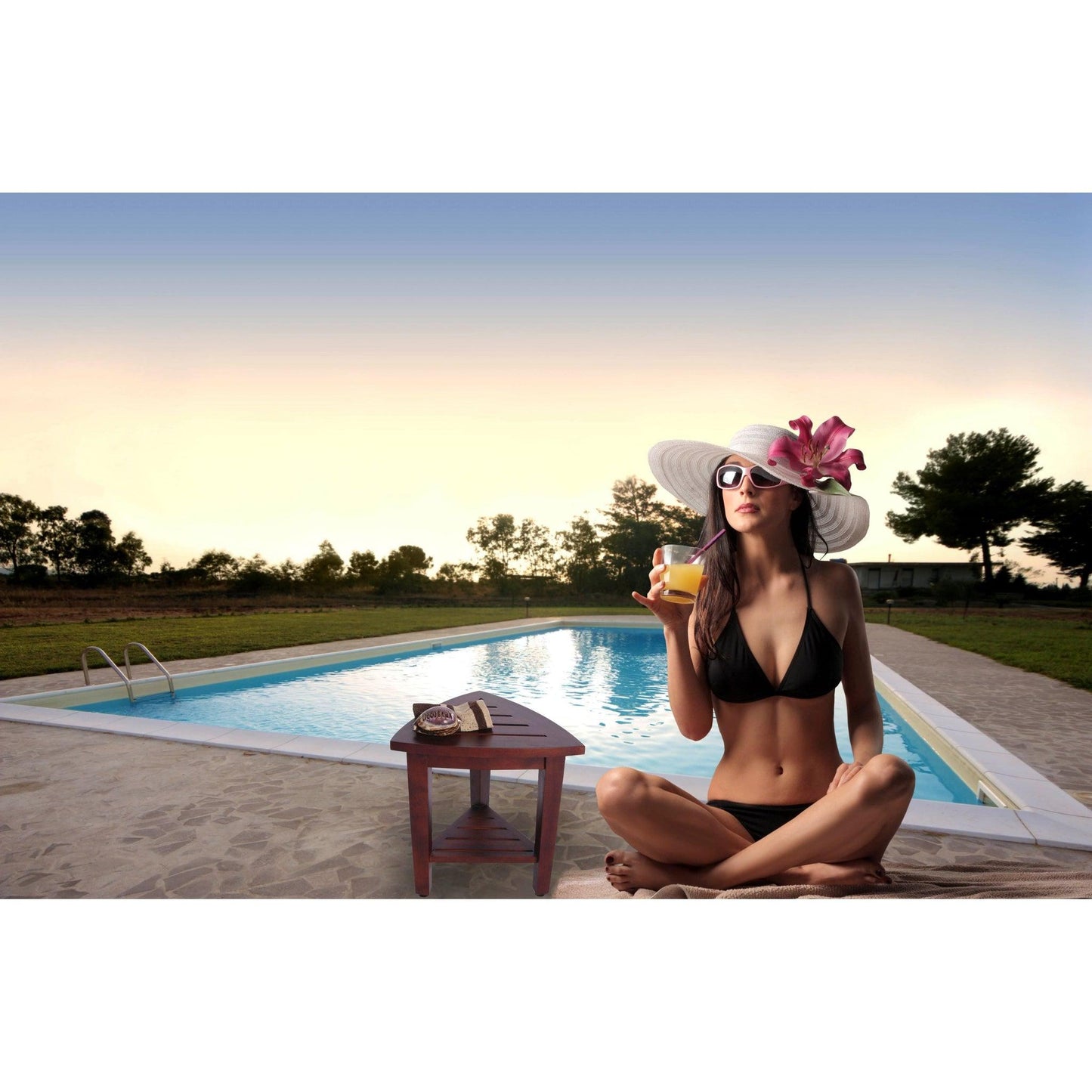 DecoTeak SnazzyCorner 15" W x 18" H Woodland Brown Solid Teak Wood Wide Corner Shower Bench With Shelf