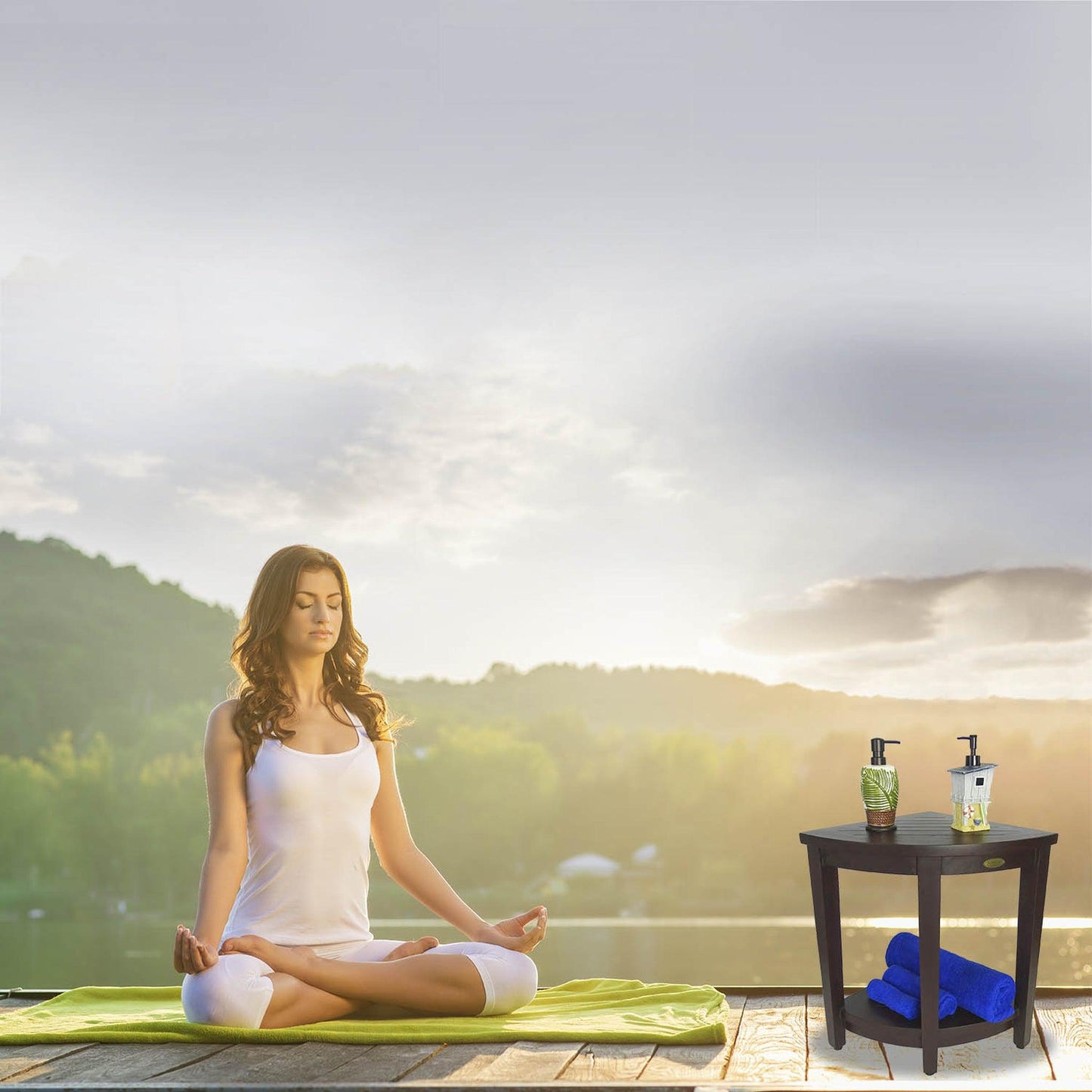 DecoTeak SnazzyCorner 16" W x 23" H Woodland Brown Solid Teak Wood Wide Corner Shower Bench With Shelf