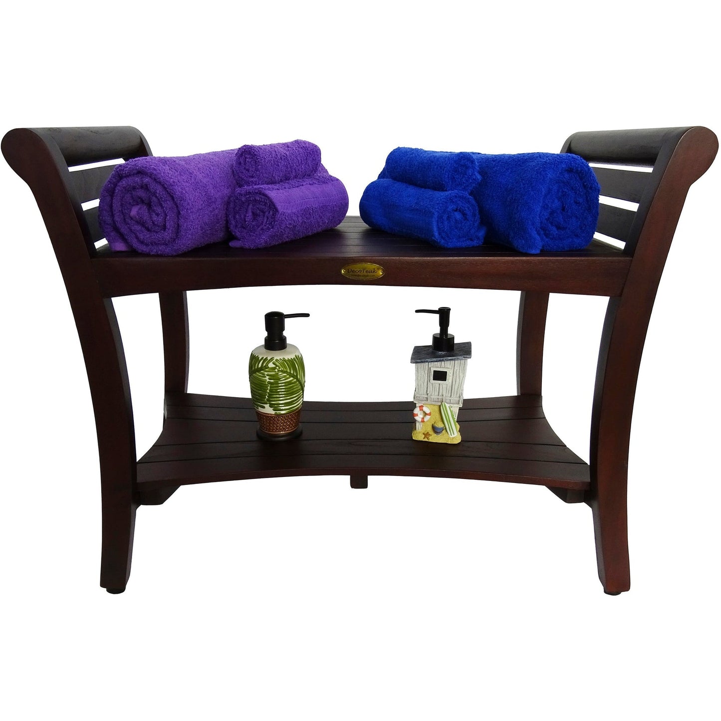 DecoTeak Symmetry 30" W x 23" H Woodland Brown Solid Teak Wood Shower Bench With Shelf and LiftAide Arms