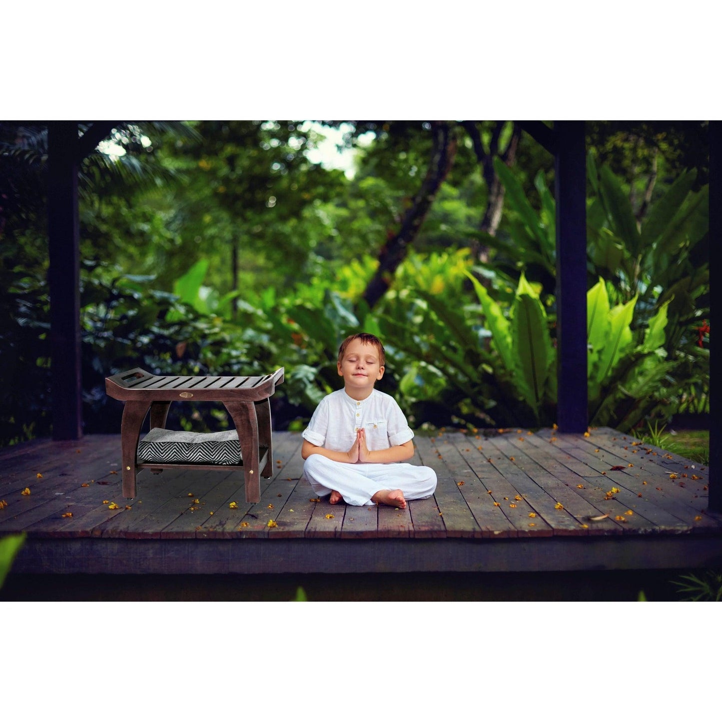 DecoTeak Tranquility 24" W x 14" H Woodland Brown Solid Teak Wood Shower Bench With Shelf and LiftAide Arms