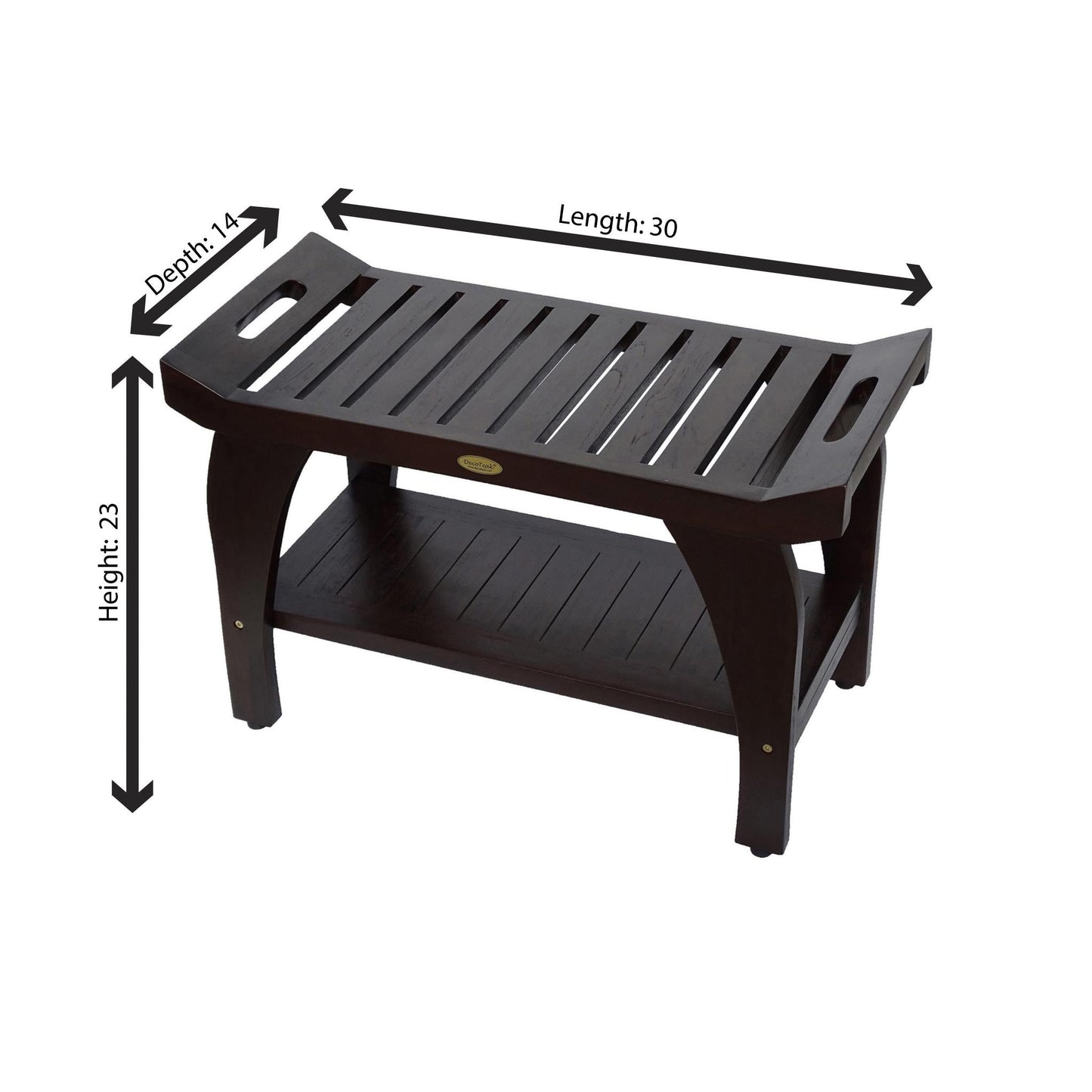DecoTeak Tranquility 30" W x 18" H Woodland Brown Solid Teak Wood Shower Bench With Shelf and LiftAide Arms