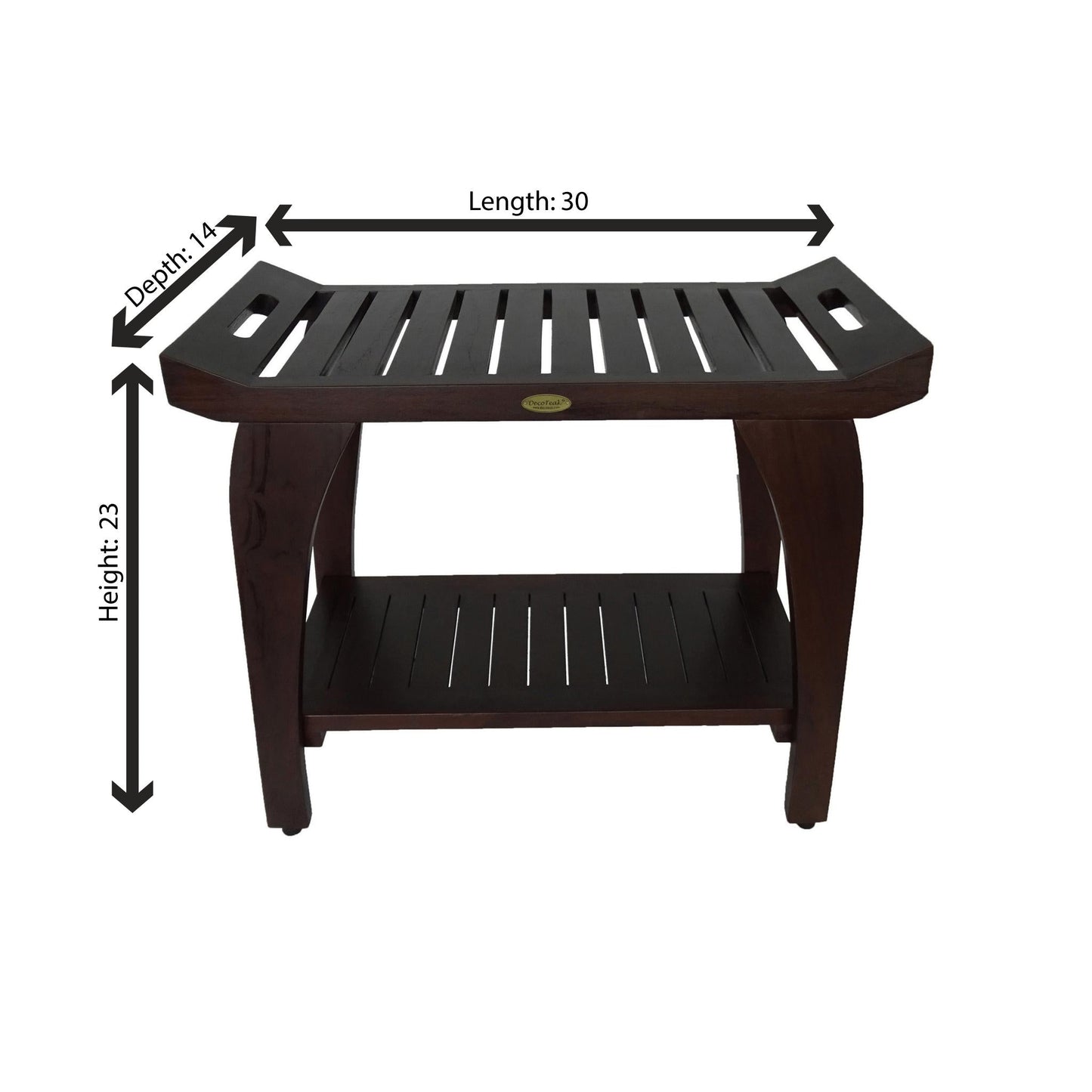 DecoTeak Tranquility 30" W x 23" H Woodland Brown Solid Teak Wood Shower Bench With Shelf and LiftAide Arms
