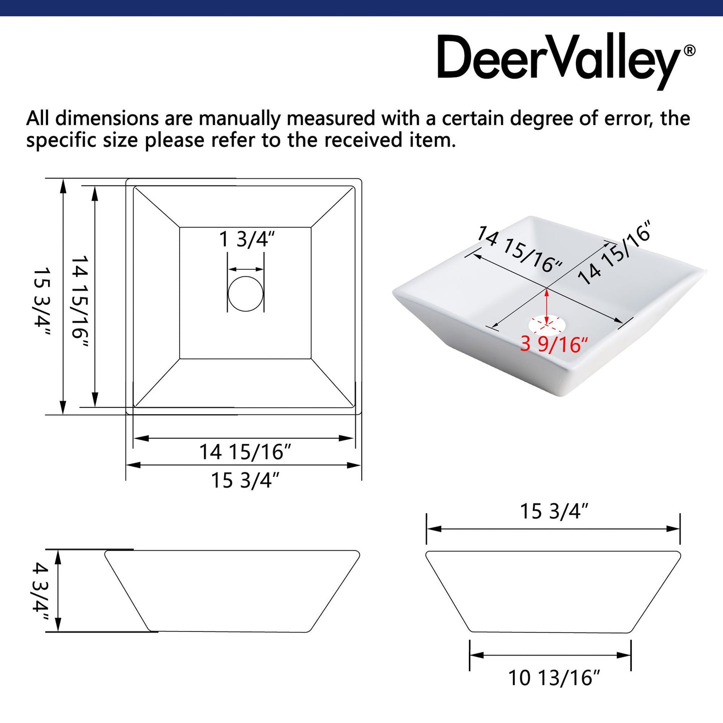 DeerValley Ace 16" Square White Vessel Bathroom Sink