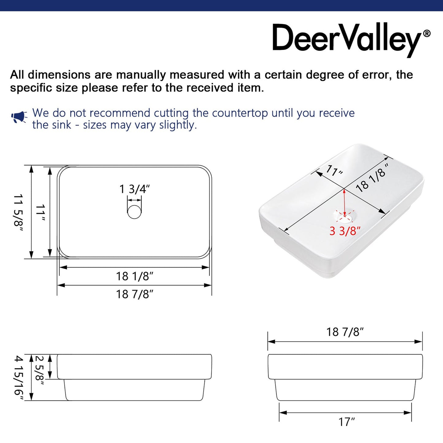 DeerValley Ally 12" Rectangular White Scratch-Resistant Ceramic Drop-in Bathroom Sink