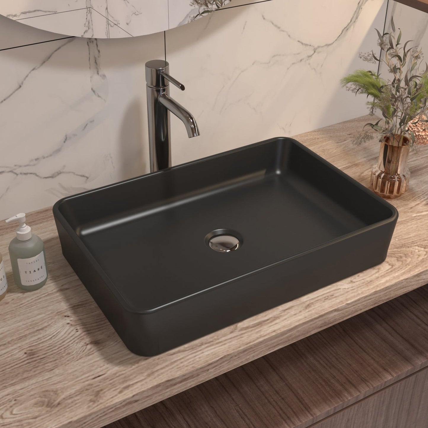 DeerValley Ally 16" Single Rectangular Black Ceramic Sleek Vessel Bathroom Sink