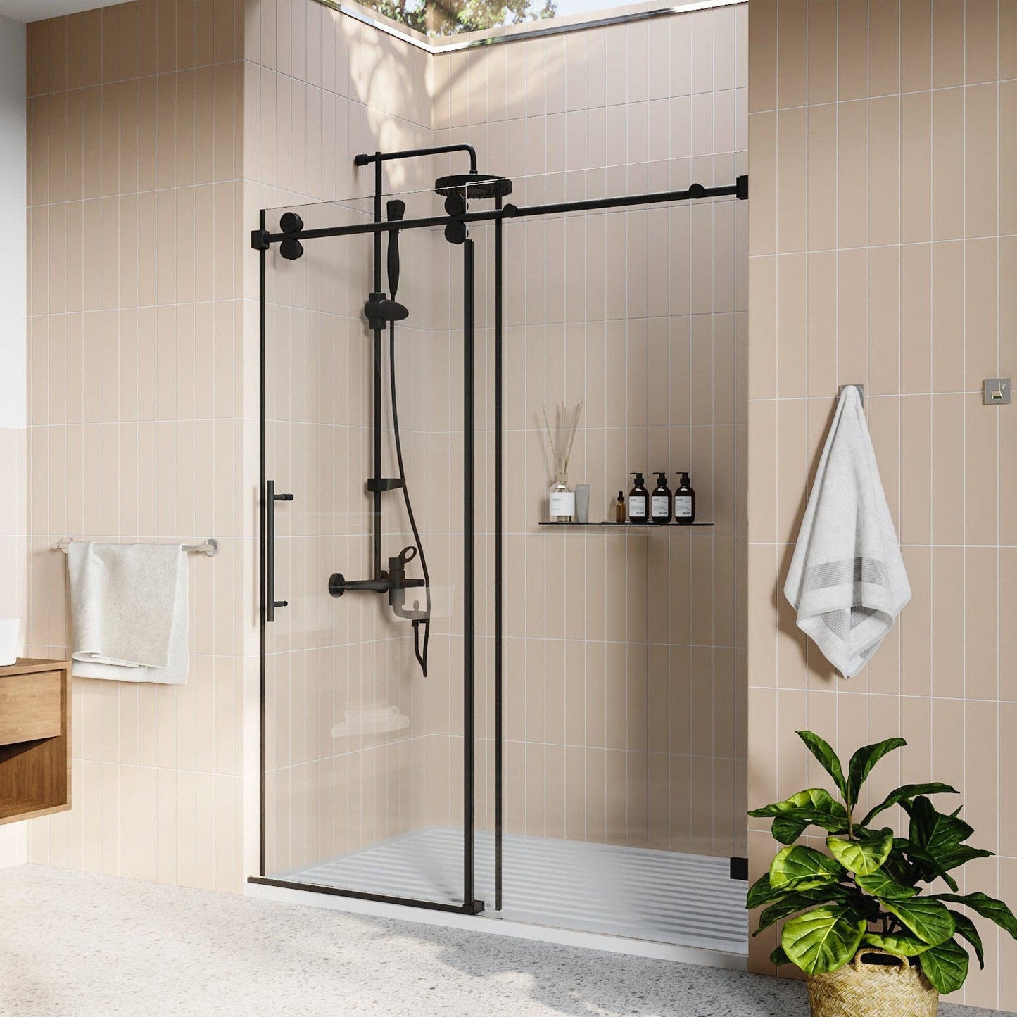 DeerValley Concord 56" Rectangular Single Sliding Frameless Shower Door With Black Hardware