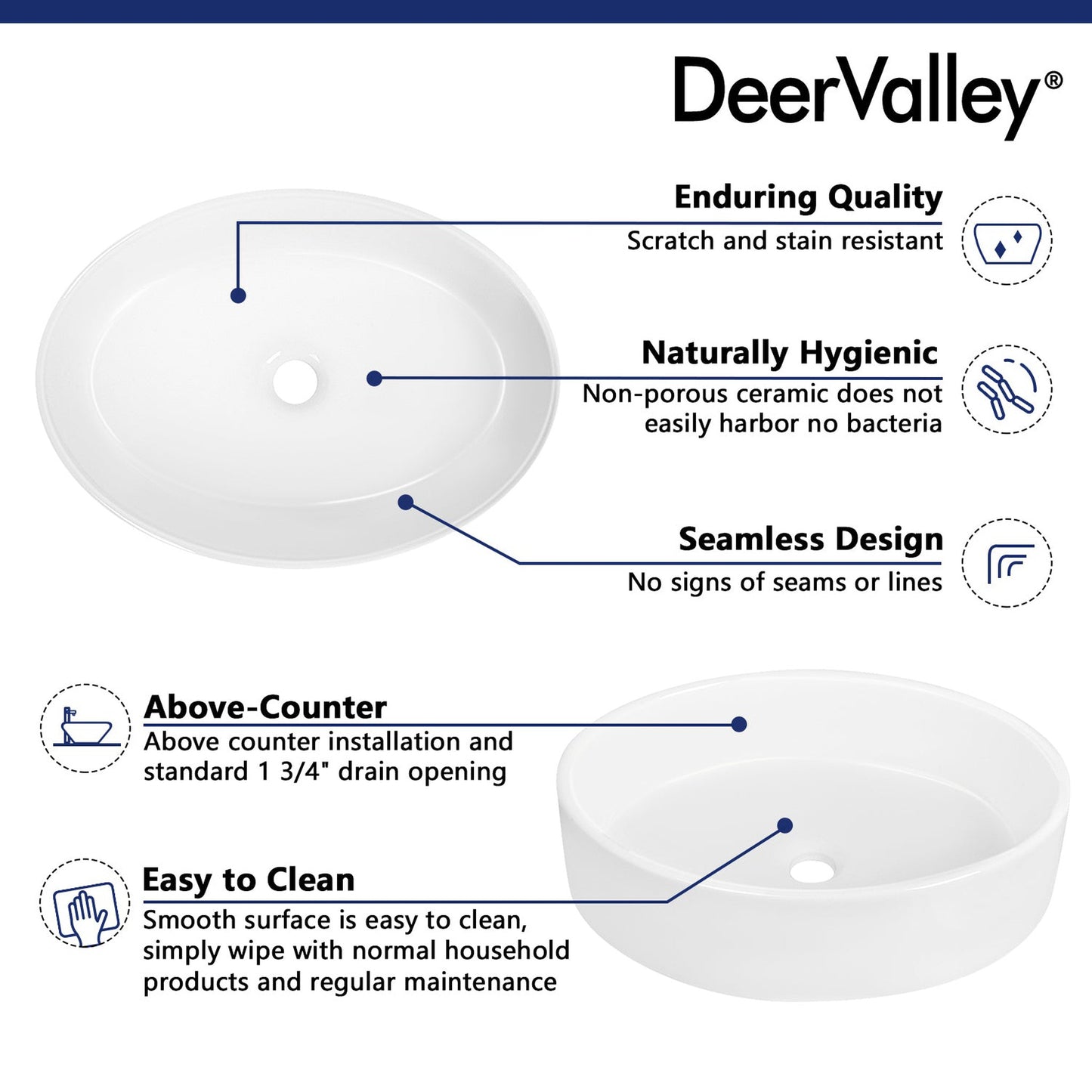 DeerValley Horizon 14" Oval White Vessel Bathroom Sink