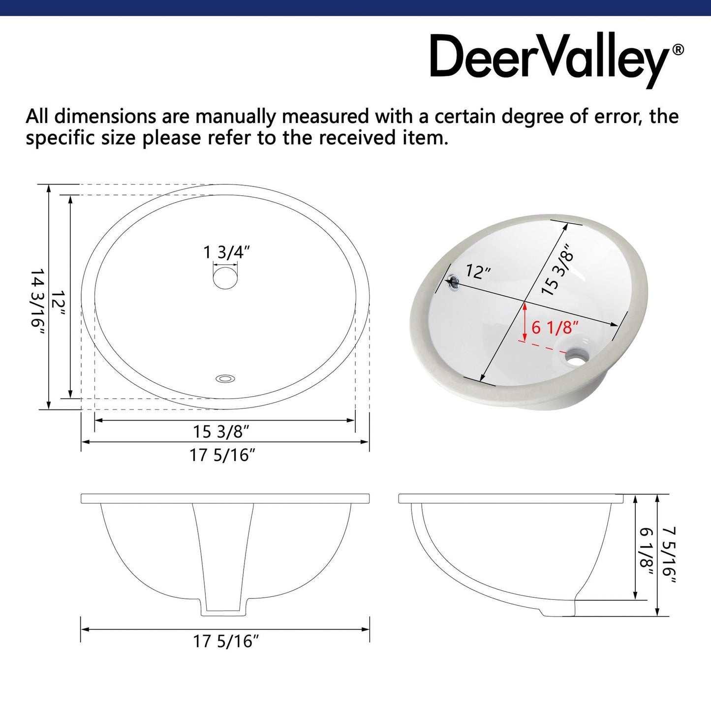 DeerValley Liberty 17" x 14" Oval White Undermount Bathroom Sink With Overflow Hole