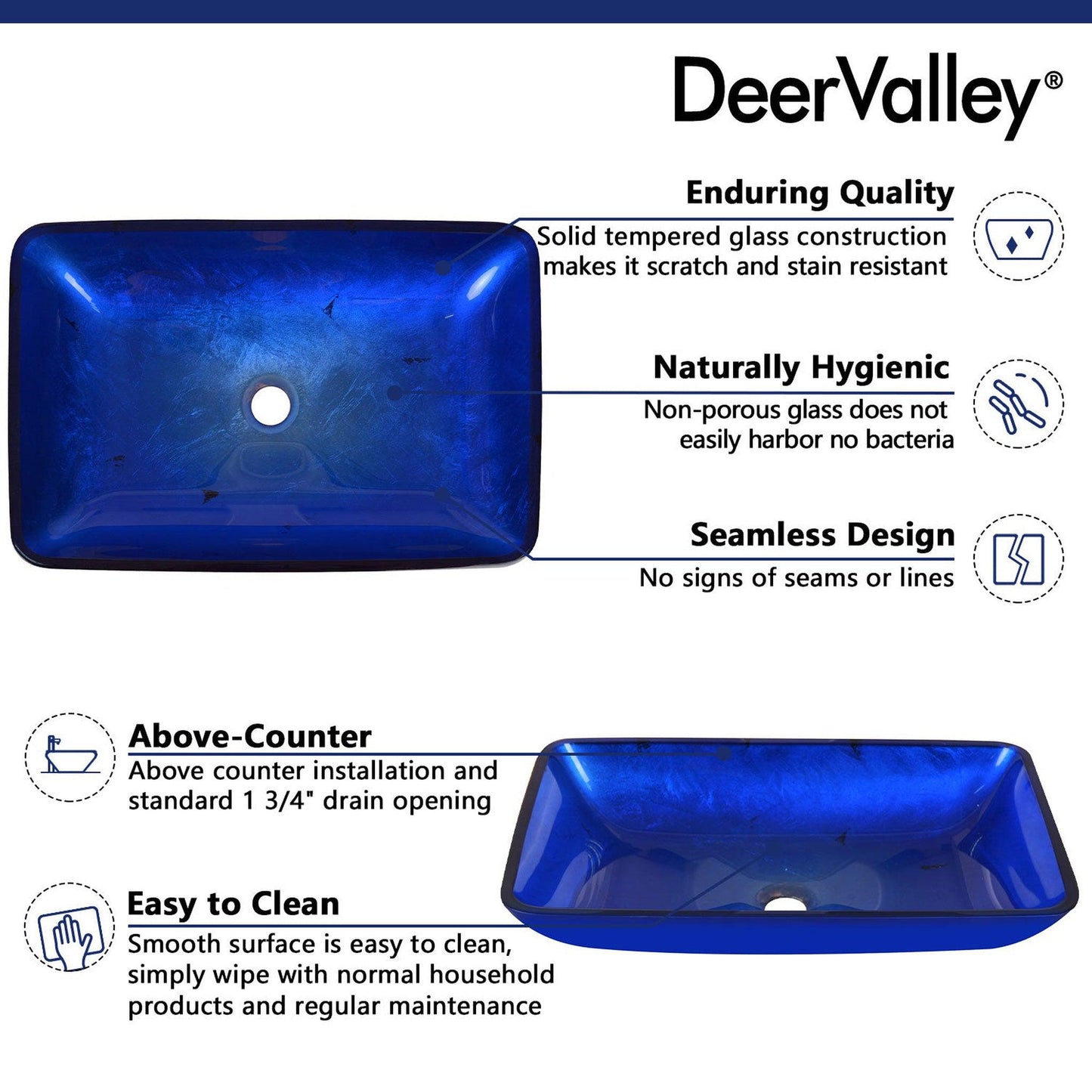 DeerValley Prism 22" Rectangular Blue Tempered Glass Bathroom Vessel Sink