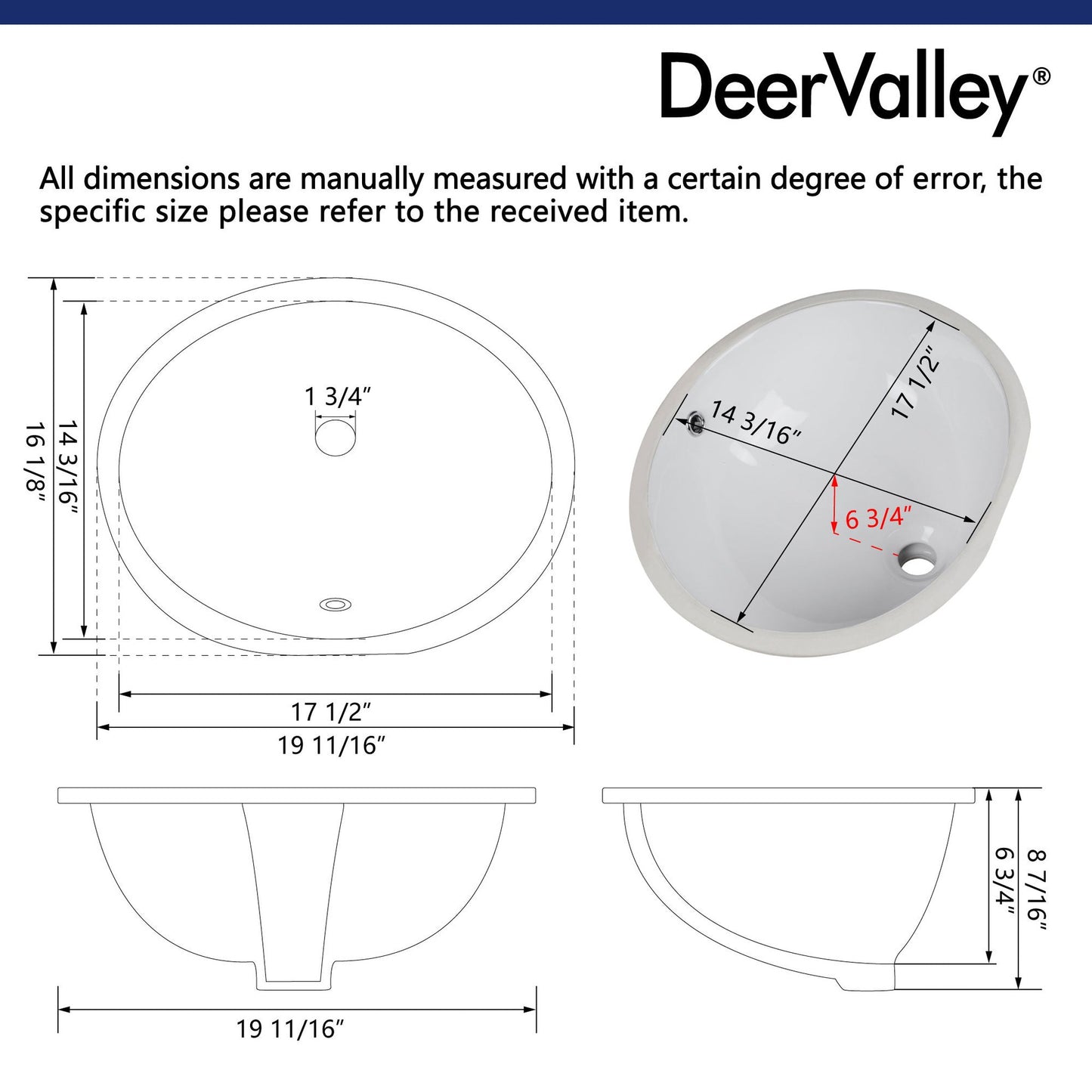 DeerValley Symmetry 20" x 16" Oval White Undermount Bathroom Sink With Overflow Hole