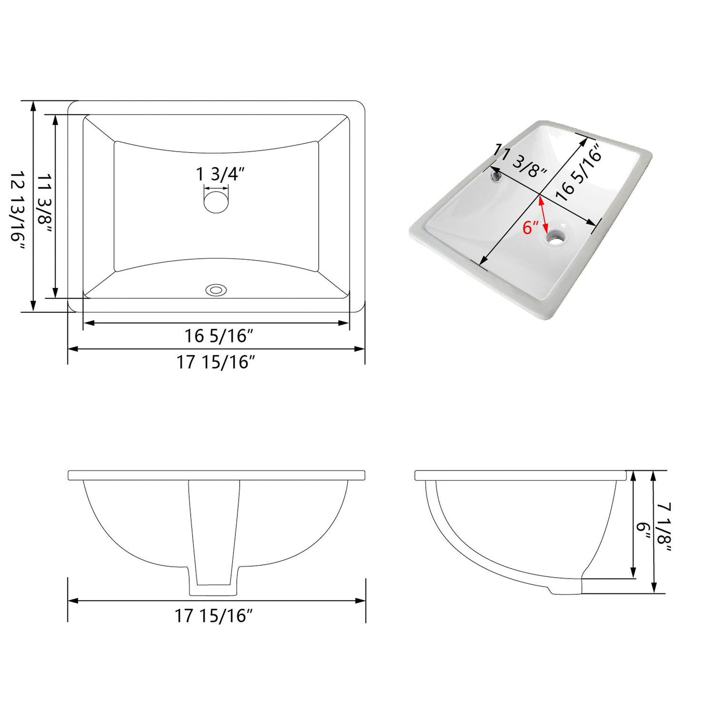 DeerValley Ursa 18" x 13" Rectangular White Undermount Bathroom Sink With Overflow Hole