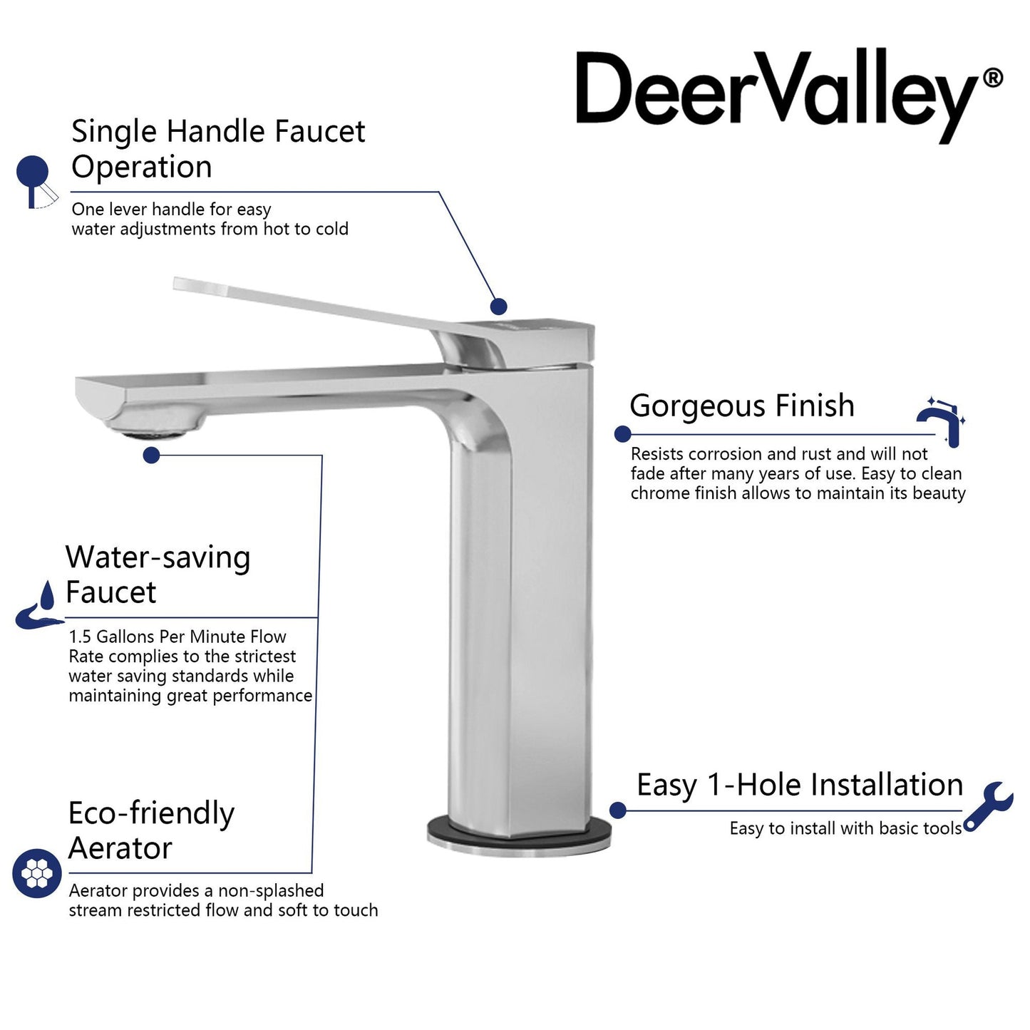 DeerValley Ursa Brushed Nickel Brass Rust Resistant Single Hole Bathroom Faucet