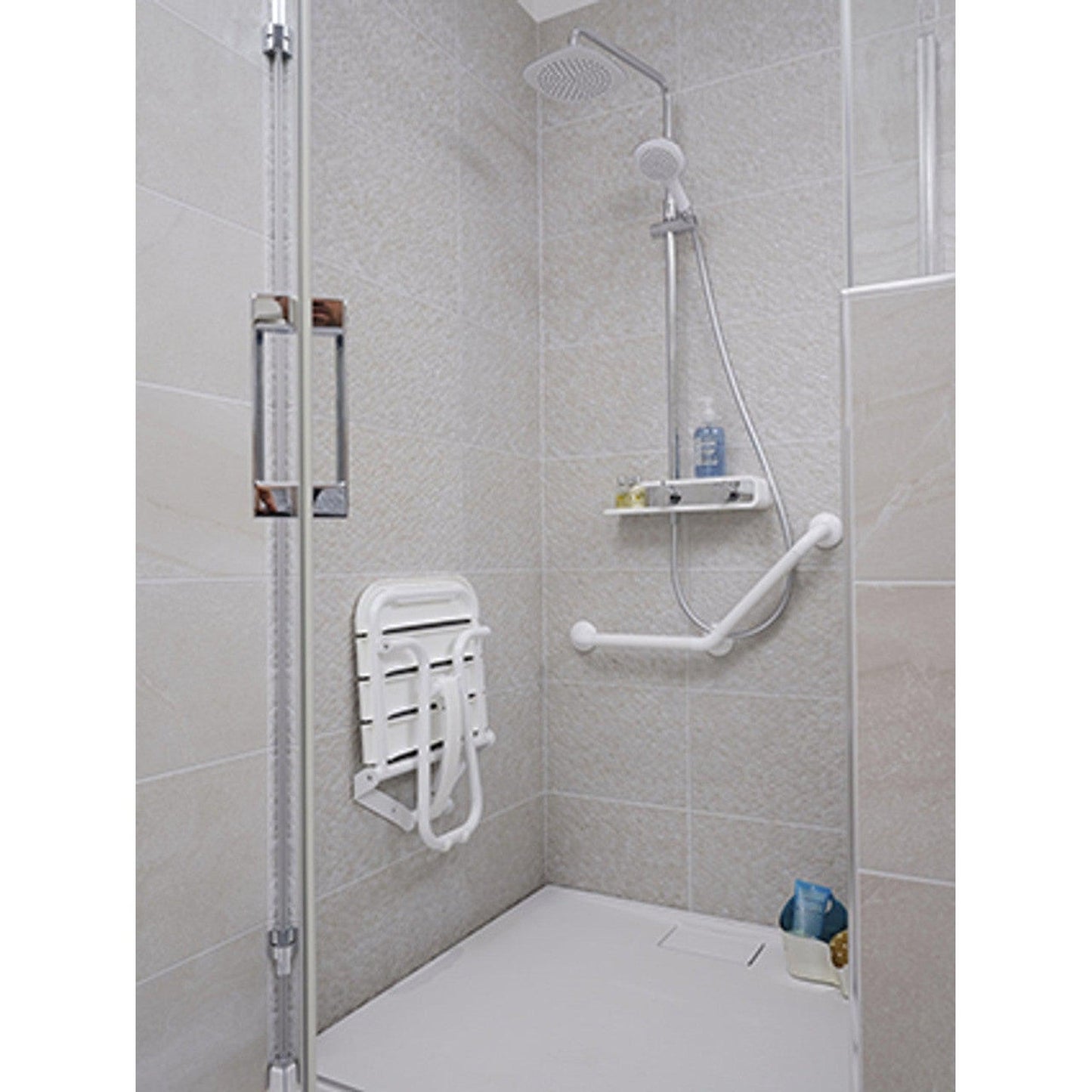 Design By Intent - Pellet Comfortique 23" Wall Mounted Fold Away White and Gray Shower Chair With Back and Arm Rest