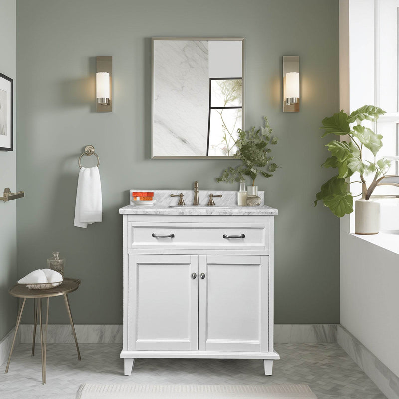 DreamWerks 30" x 35" x 22" White Vanity With Solid Wood and Carrara Marble Top