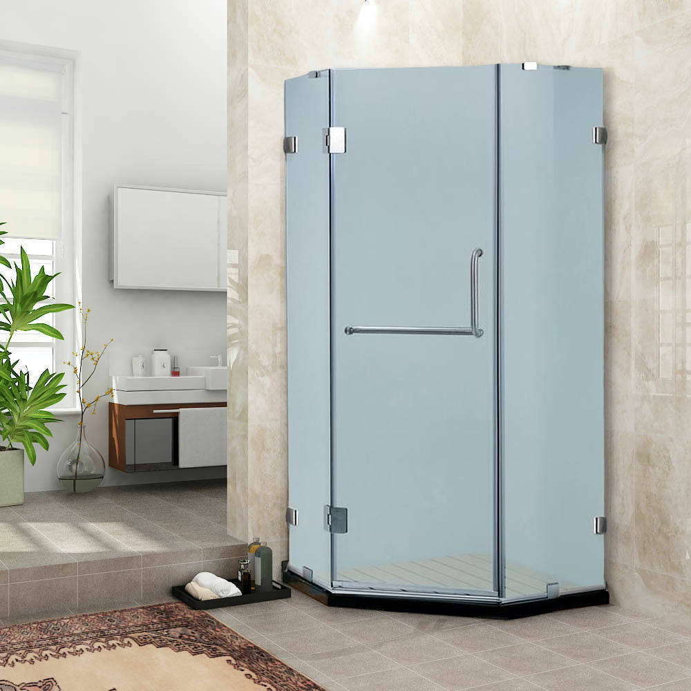 DreamWerks 39" x 79" Frameless Neo-Angle Sliding Shower Door in Chrome With Handle - Frosted Glass (Left Opening)