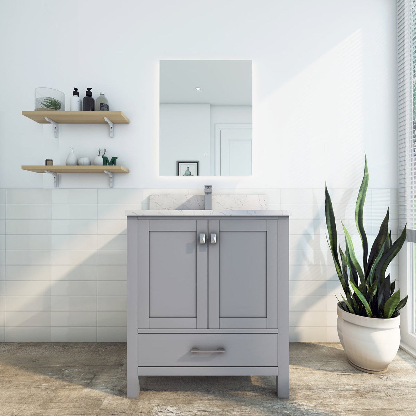 Duko Roma 30" Wooden Vanity Set With White Cararra Marble Tabletop, Rectangular Single Basin and Drawer Cabinet Gray