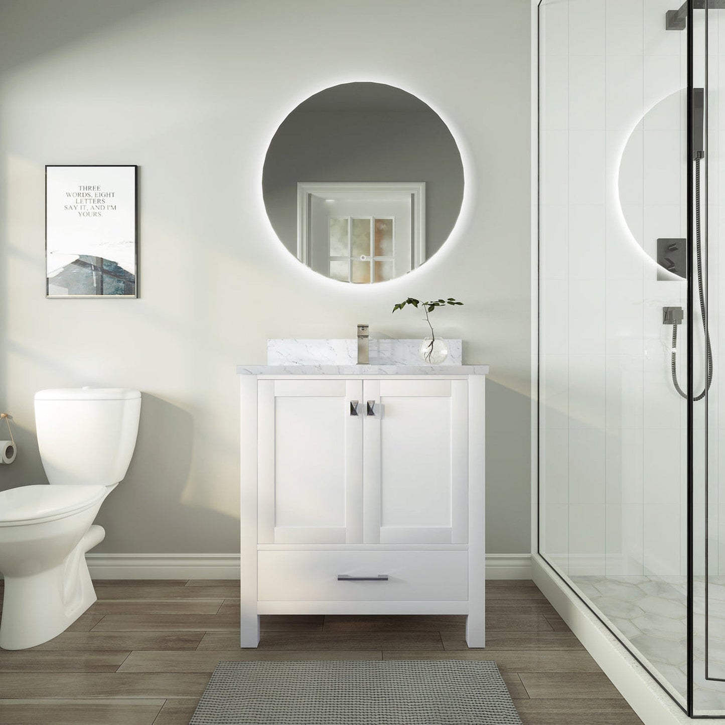 Duko Roma 30" Wooden Vanity Set With White Cararra Marble Tabletop, Rectangular Single Basin and Drawer Cabinet White