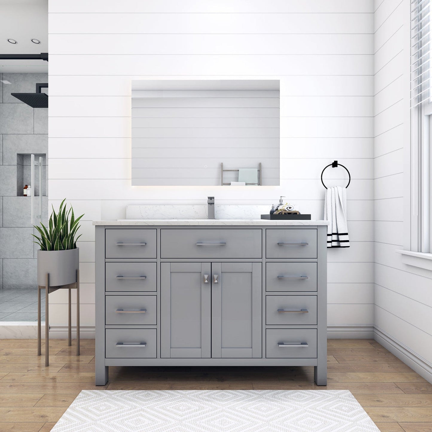 Duko Roma 48" Wooden Vanity Set With White Cararra Marble Tabletop, Rectangular Single Basin and Drawer Cabinet Gray