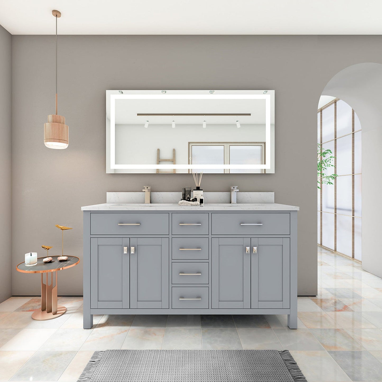 Duko Roma 60" Wooden Vanity Set With White Cararra Marble Tabletop, Rectangular Double Basin and Drawer Cabinet Gray