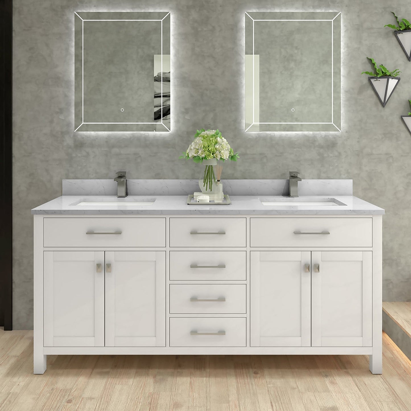 Duko Roma 72" Wooden Vanity Set With White Cararra Marble Tabletop, Rectangular Double Basin and Drawer Cabinet White