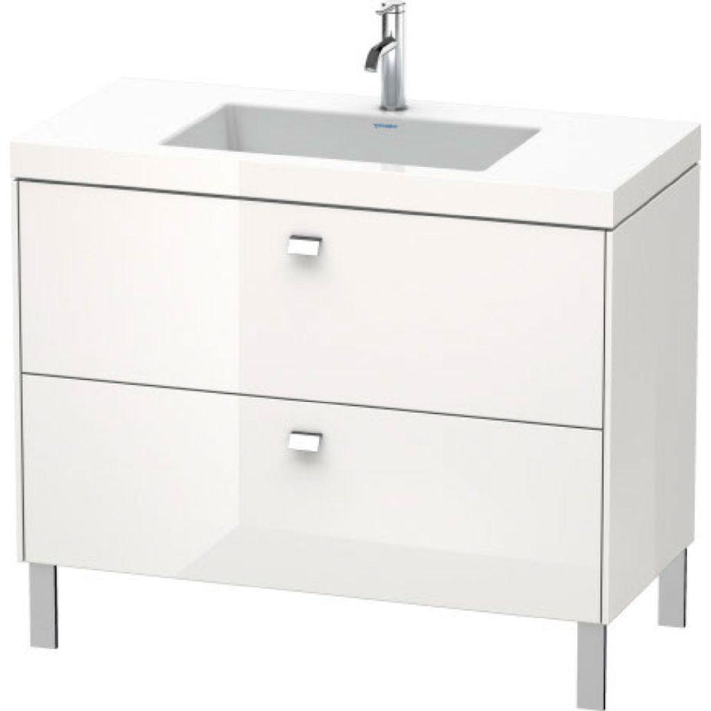 Duravit Brioso 39" x 28" x 19" Two Drawer C-Bonded Floor Standing Vanity Kit With One Tap Hole in White High Gloss and Chrome Handle