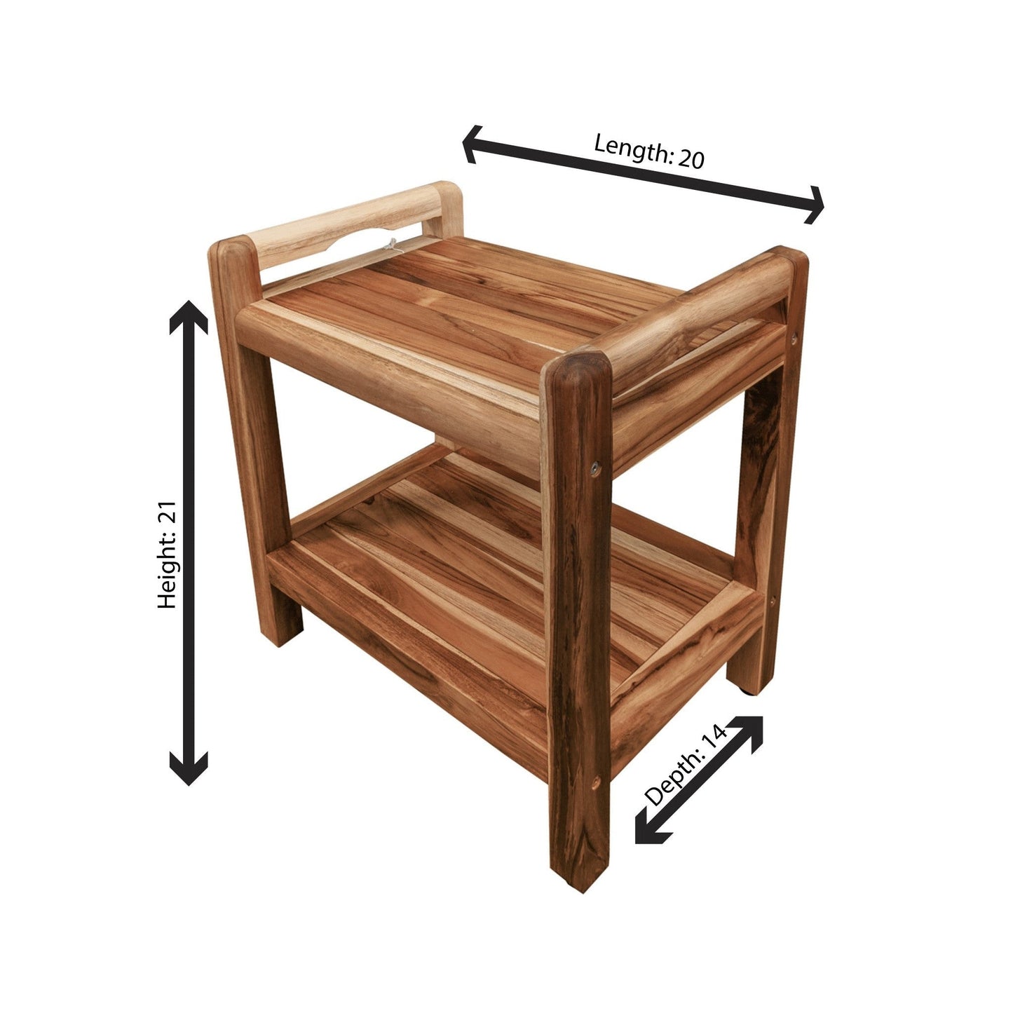 EcoDecors Eleganto 20" EarthyTeak Solid Teak Wood Shower Bench With LiftAide Arms and Shelf