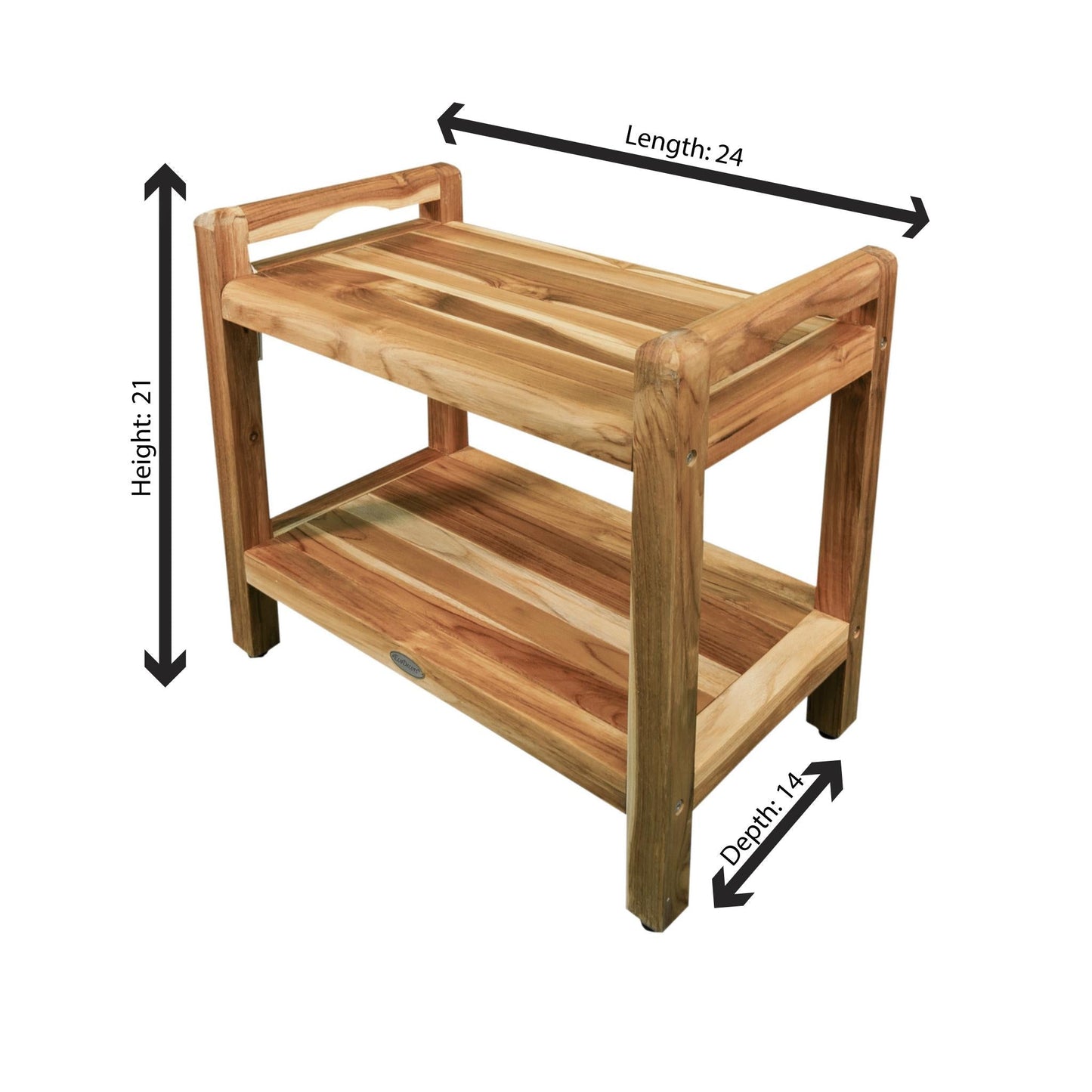 EcoDecors Eleganto 24" EarthyTeak Solid Teak Wood Shower Bench With LiftAide Arms and Shelf
