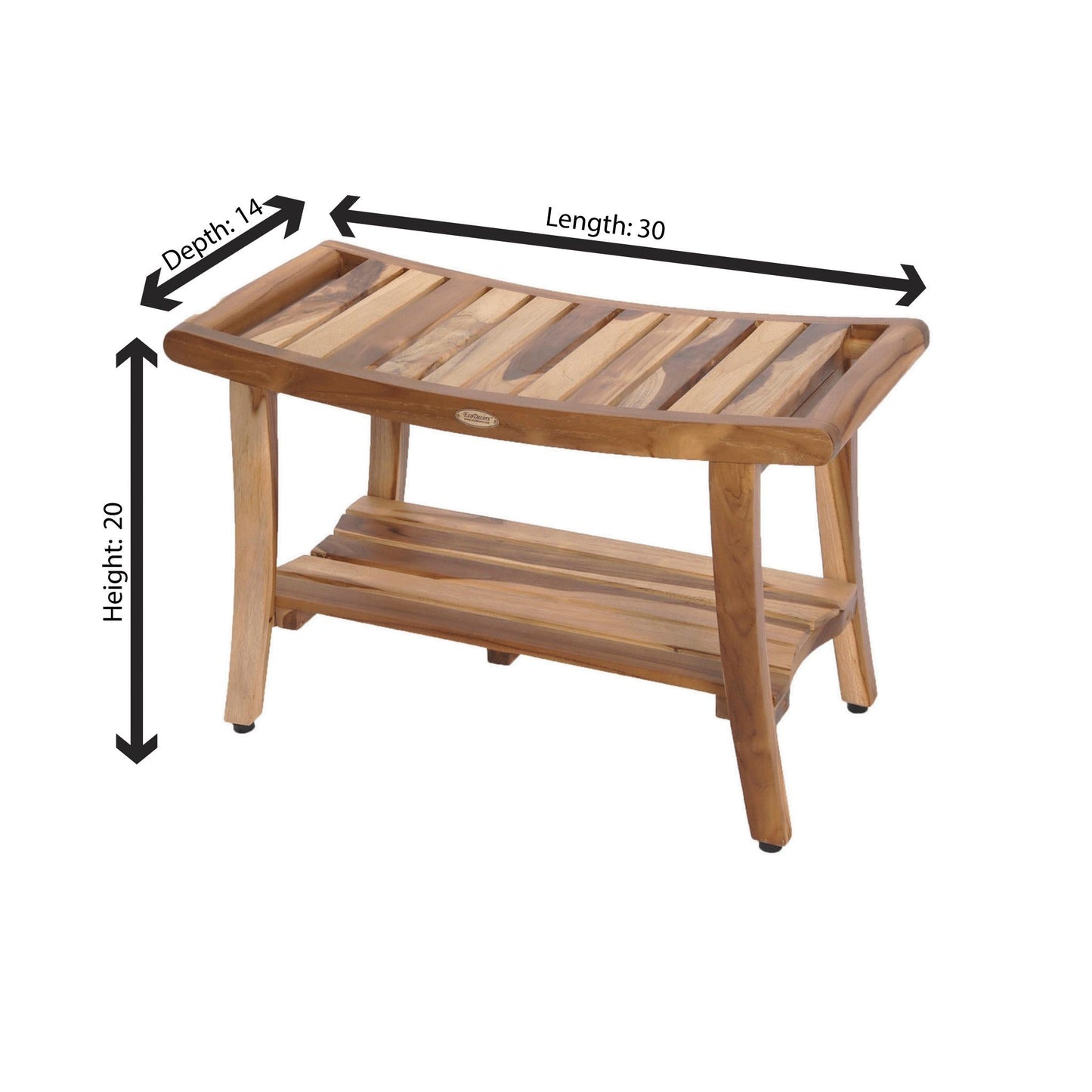 EcoDecors Harmony 30" EarthyTeak Solid Teak Wood Shower Bench With Shelf and LiftAide Arms