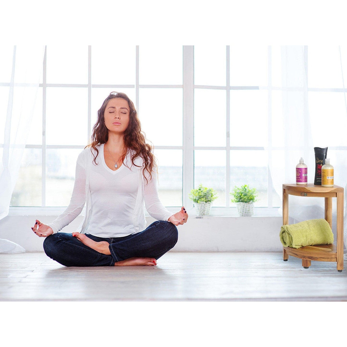 EcoDecors SnazzyCorner 17" x 18" EarthyTeak Solid Teak Wood Wide Shower Bench With Shelf