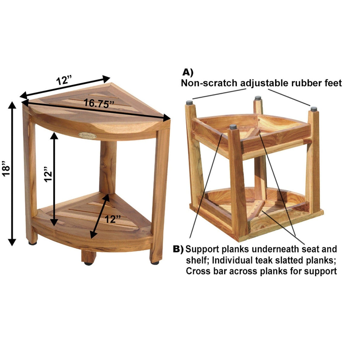 EcoDecors SnazzyCorner 17" x 18" EarthyTeak Solid Teak Wood Wide Shower Bench With Shelf and Teak Cleaner
