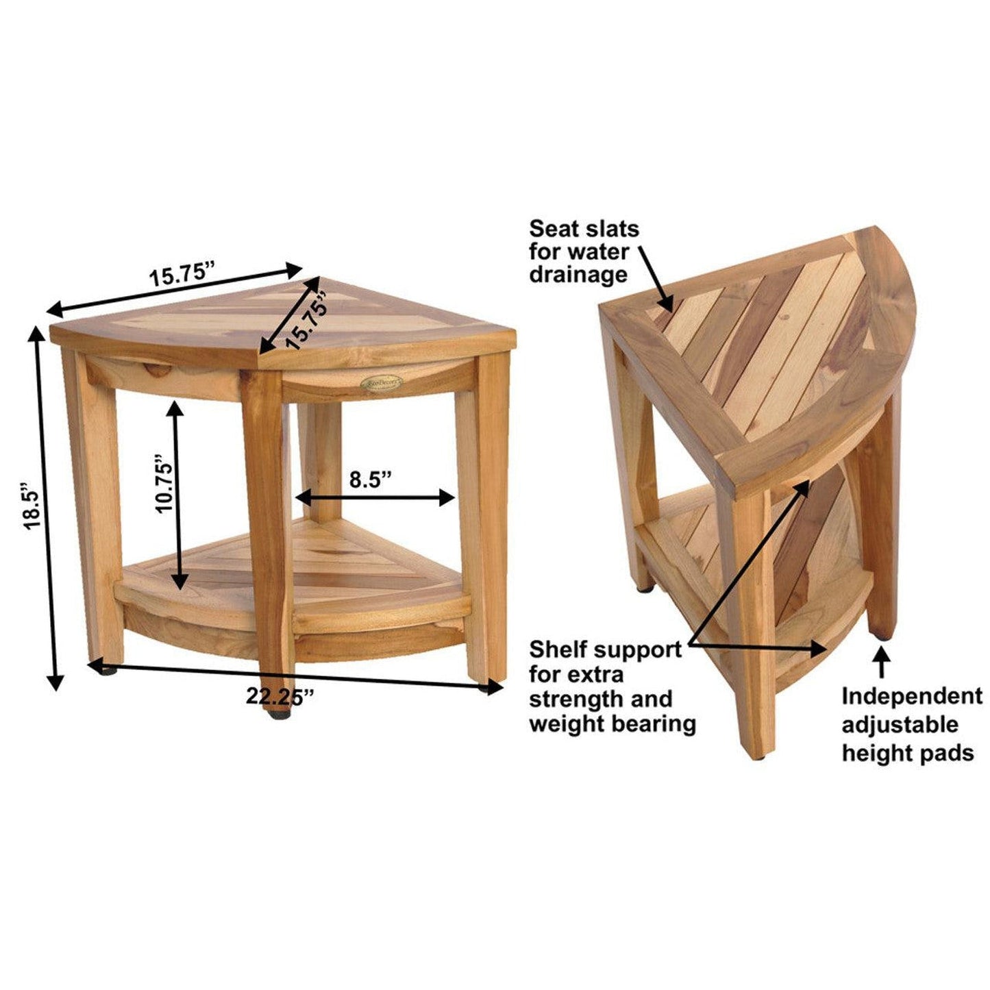 EcoDecors SnazzyCorner 22" x 19" EarthyTeak Solid Teak Wood Wide Corner Shower Bench With Shelf