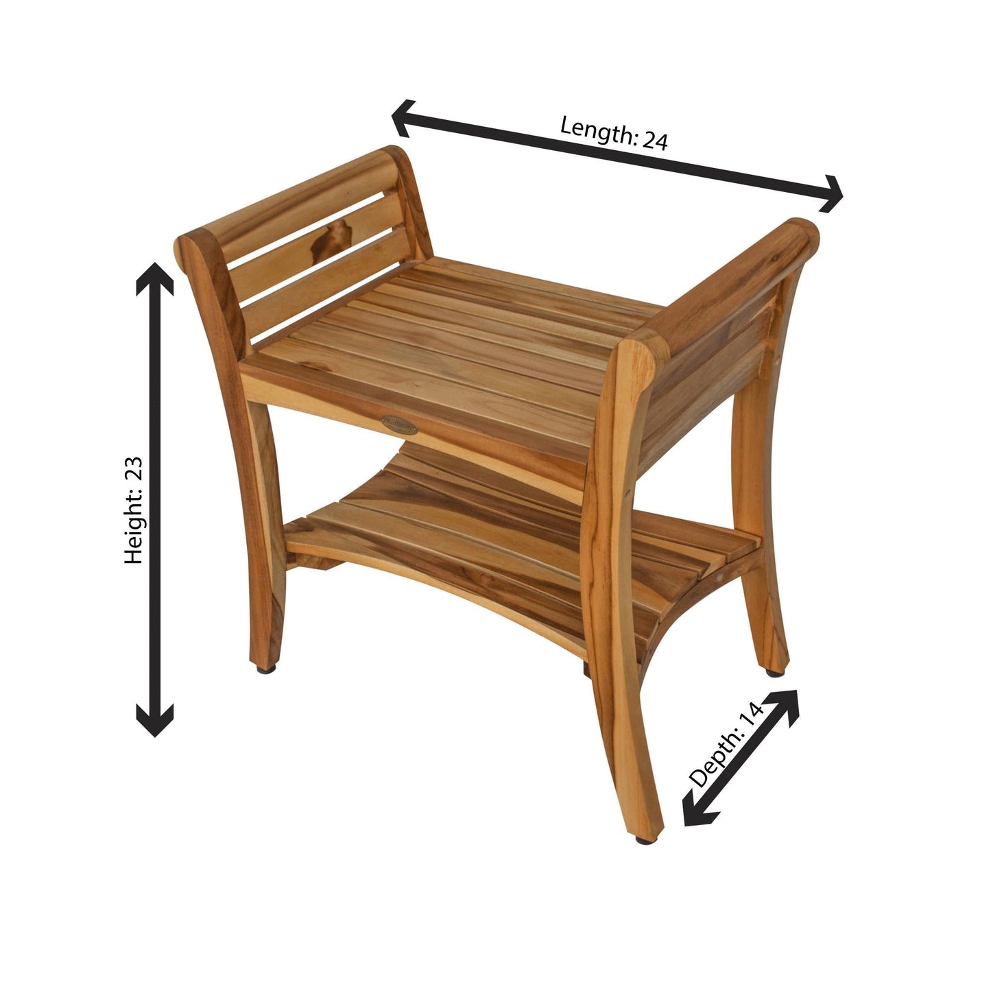 EcoDecors Symmetry 24" EarthyTeak Solid Teak Wood Shower Bench With Shelf and LiftAide Arms