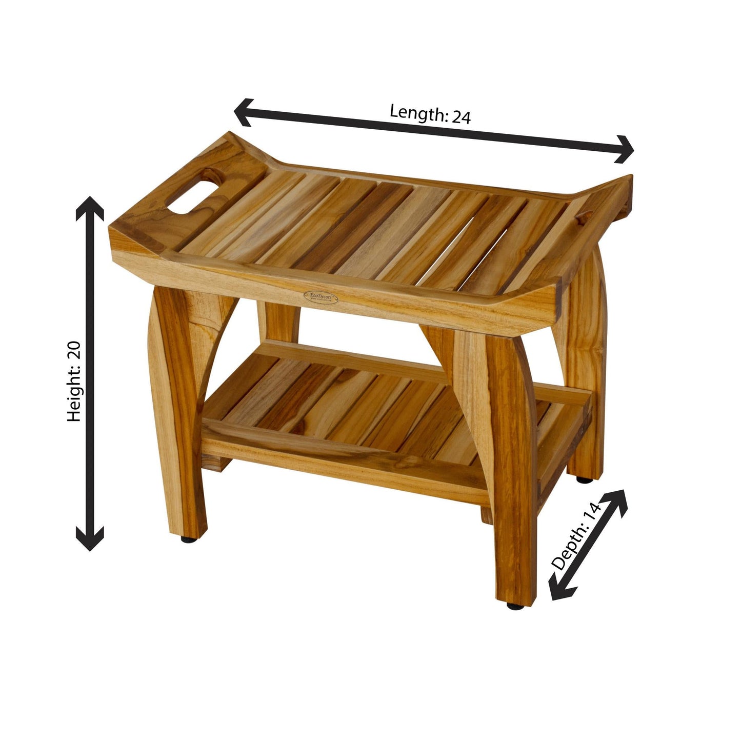 EcoDecors Tranquility 24" EarthyTeak Solid Teak Wood Shower Bench With Shelf and LiftAide Arms