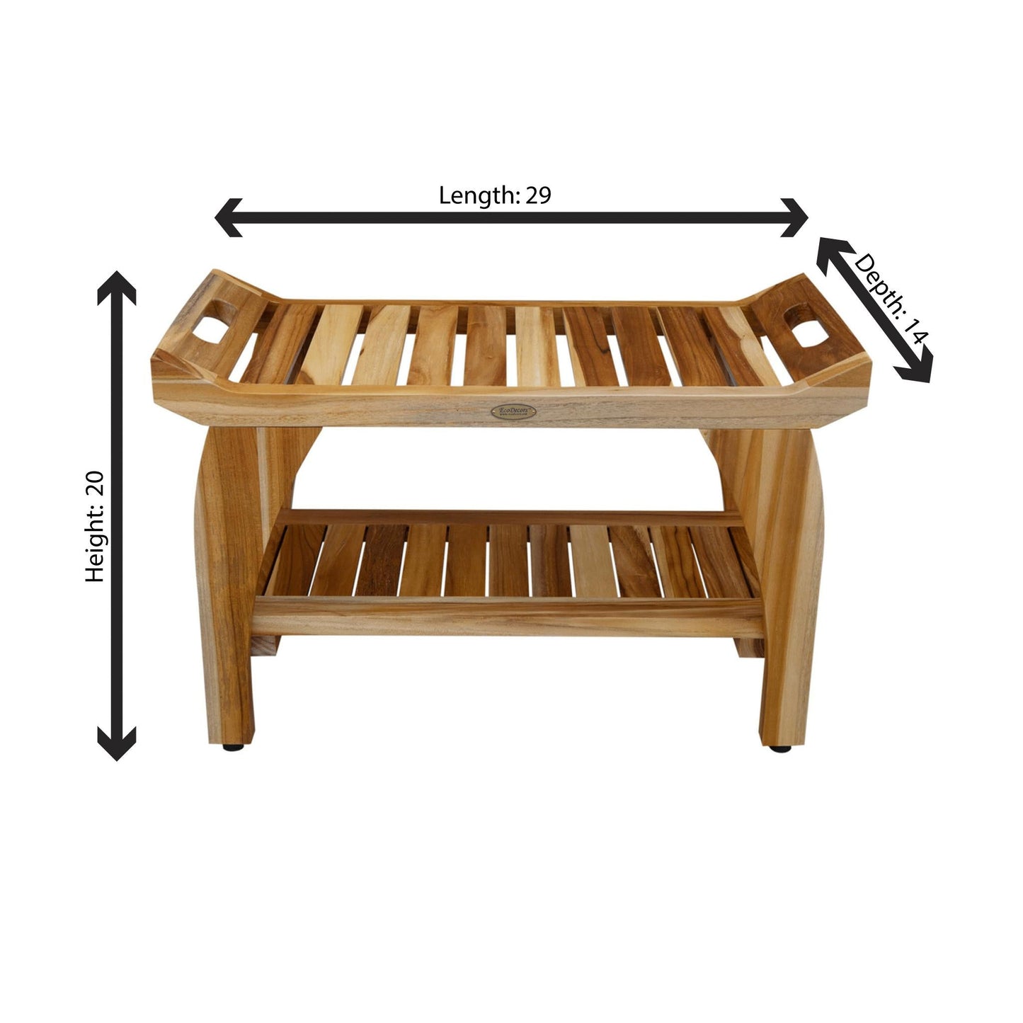 EcoDecors Tranquility 29" EarthyTeak Solid Teak Wood Shower Bench With Shelf and LiftAide Arms