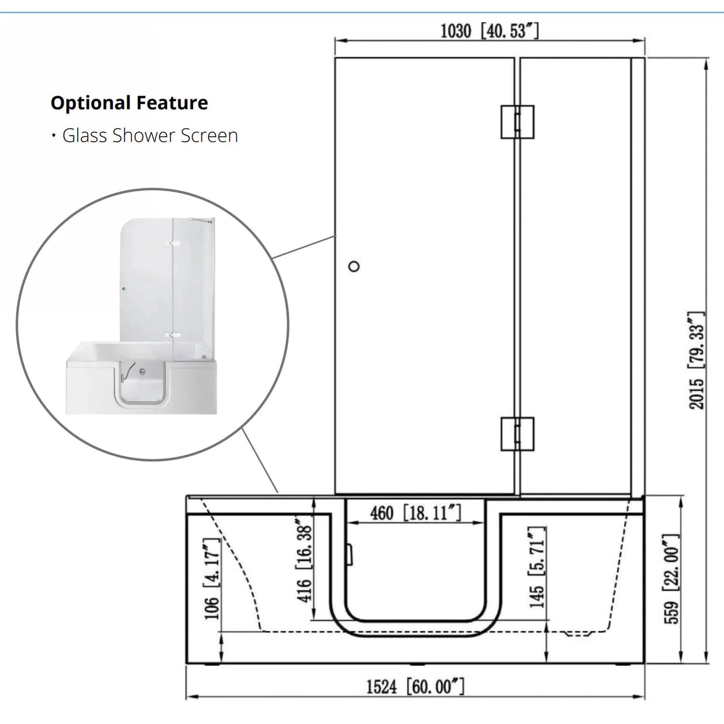 Ella's Bubbles Laydown 30" x 60" White Acrylic Air Massage Walk-In Bathtub With Right Inward Swing Door