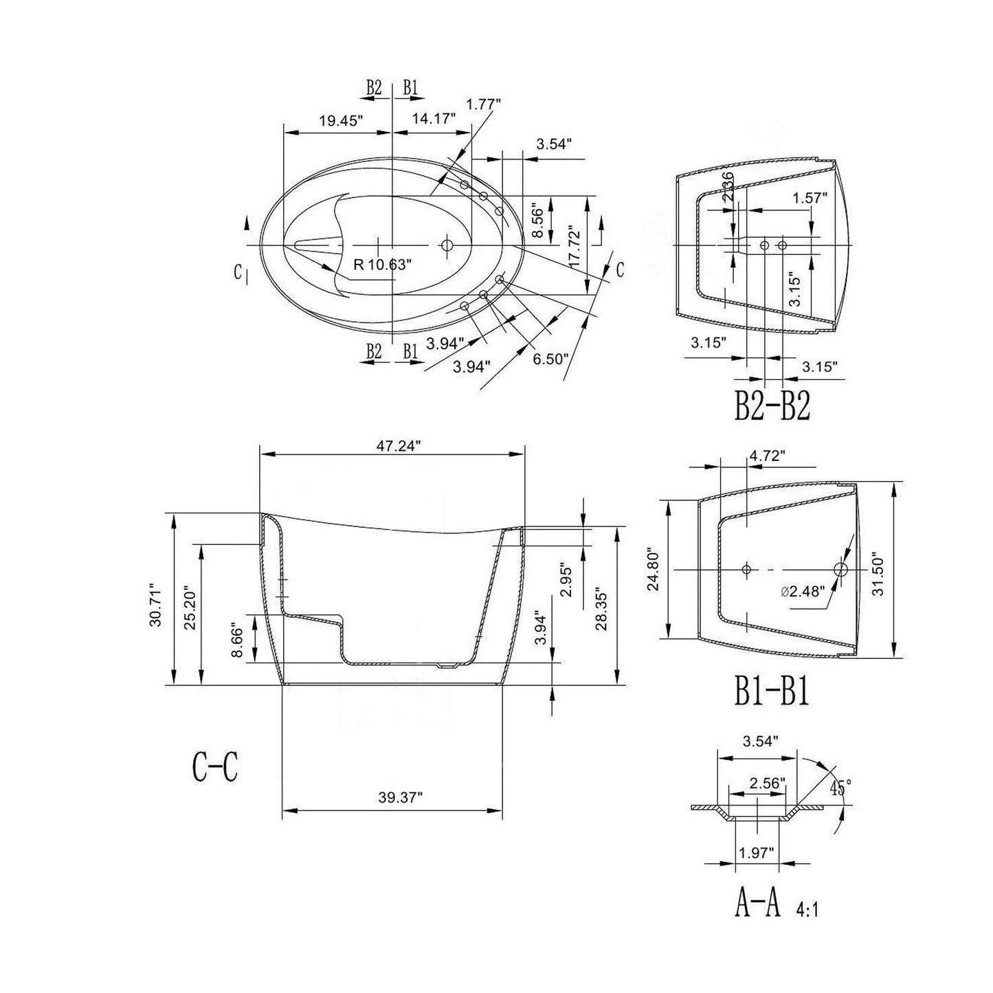 Empava 48" Freestanding Air Massage Japanese-Style Bathtub With Reversible Drain