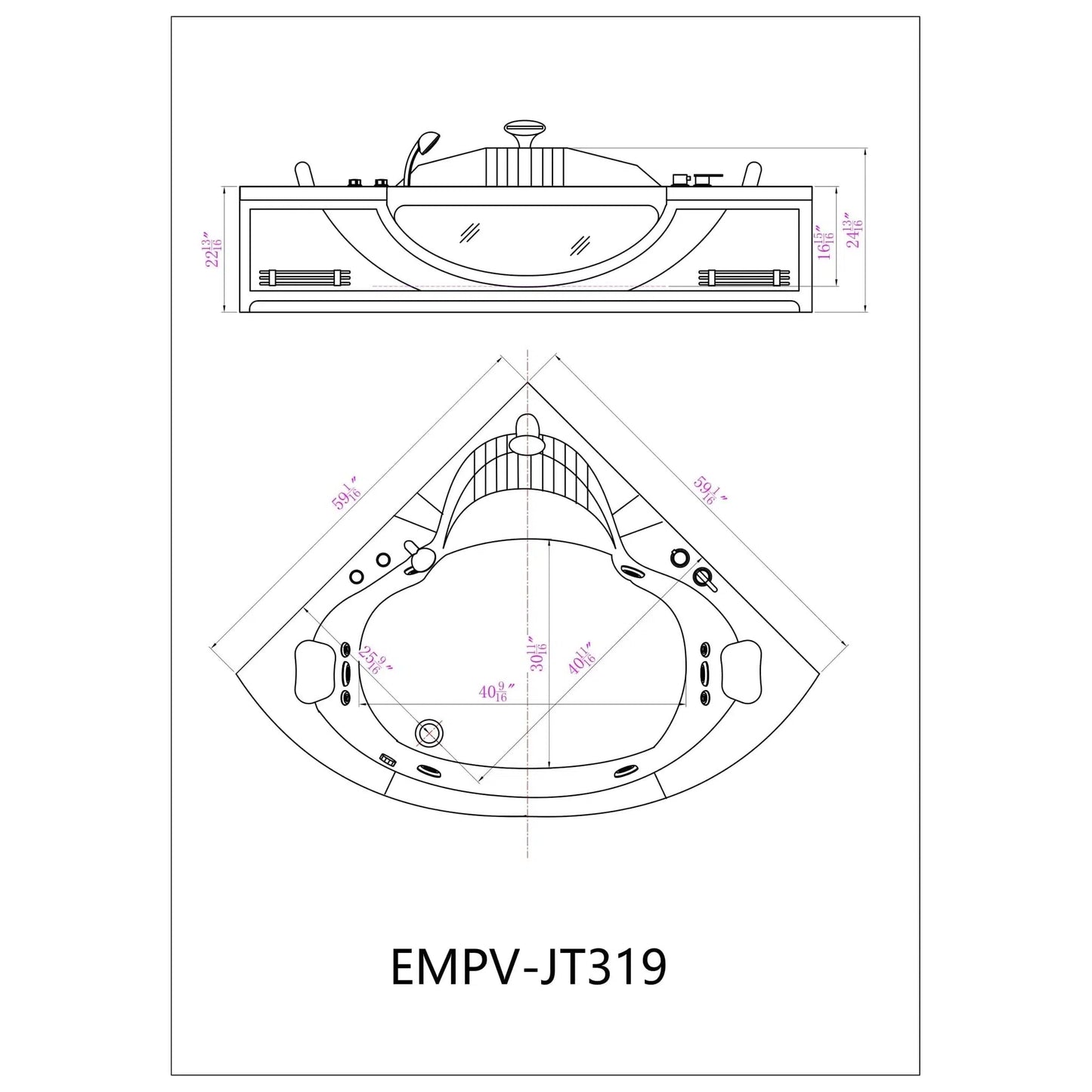Empava 59" 2-Person Corner Acrylic Whirlpool Bathtub With Thermostat