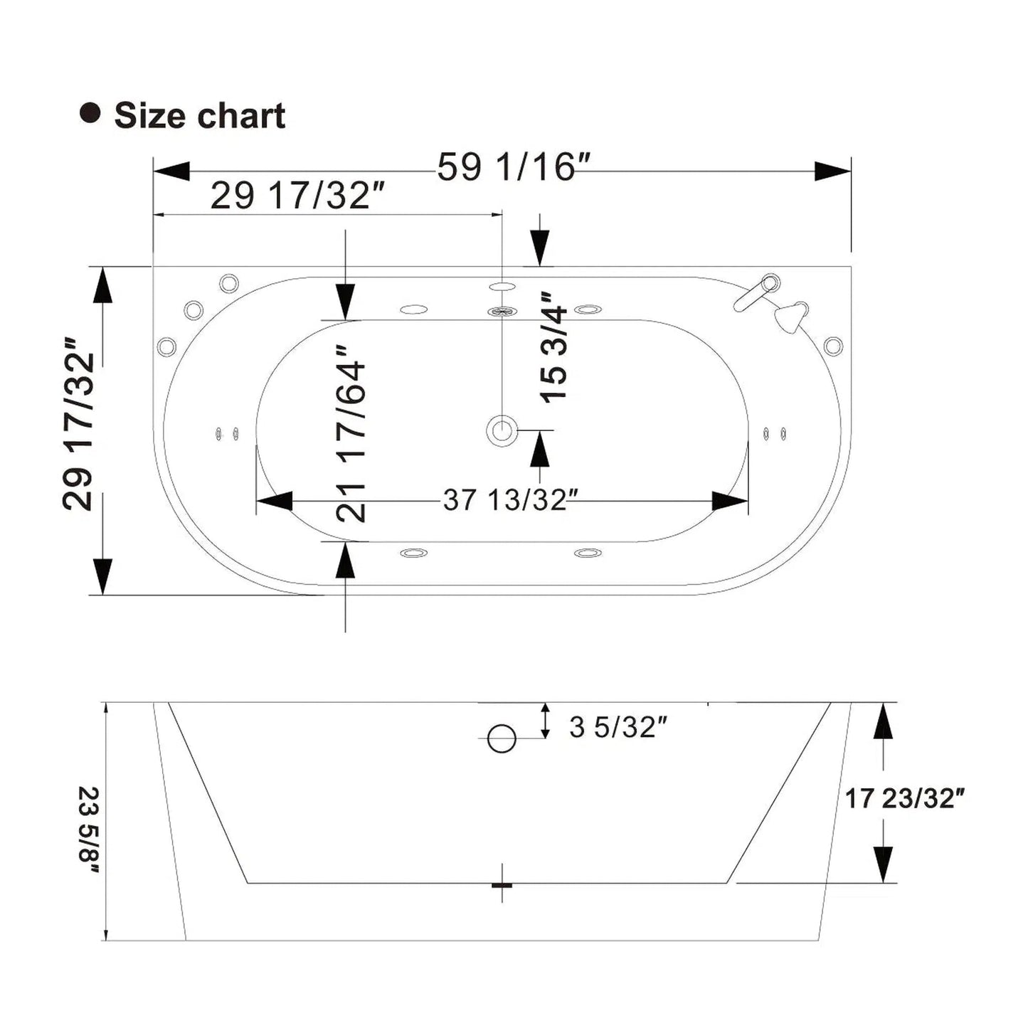 Empava 59" 2-Person White Neo-Angle Whirlpool Bathtub With Center Drain